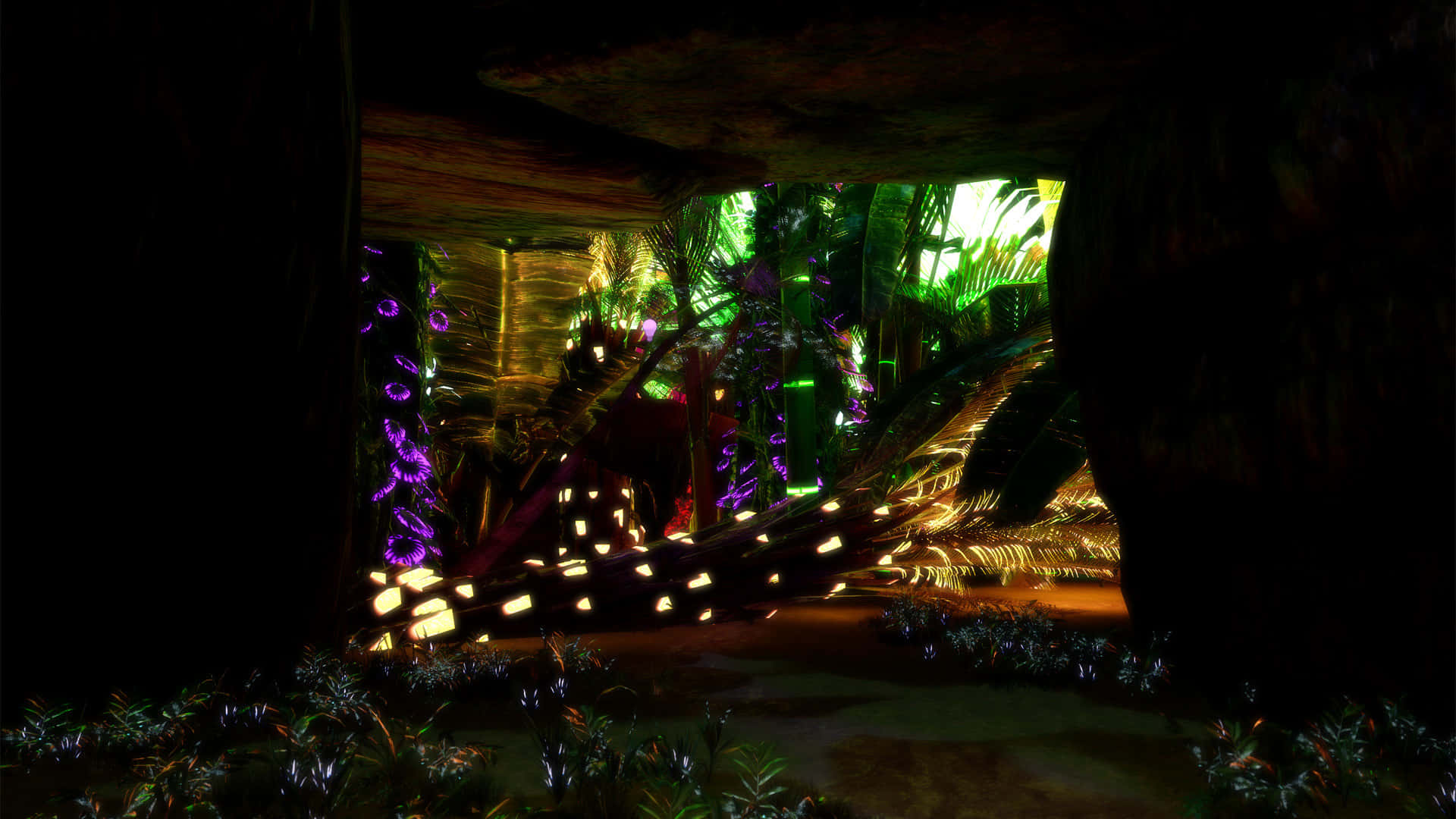 Neon Lit Jungle Cave Virtual Reality Wallpaper