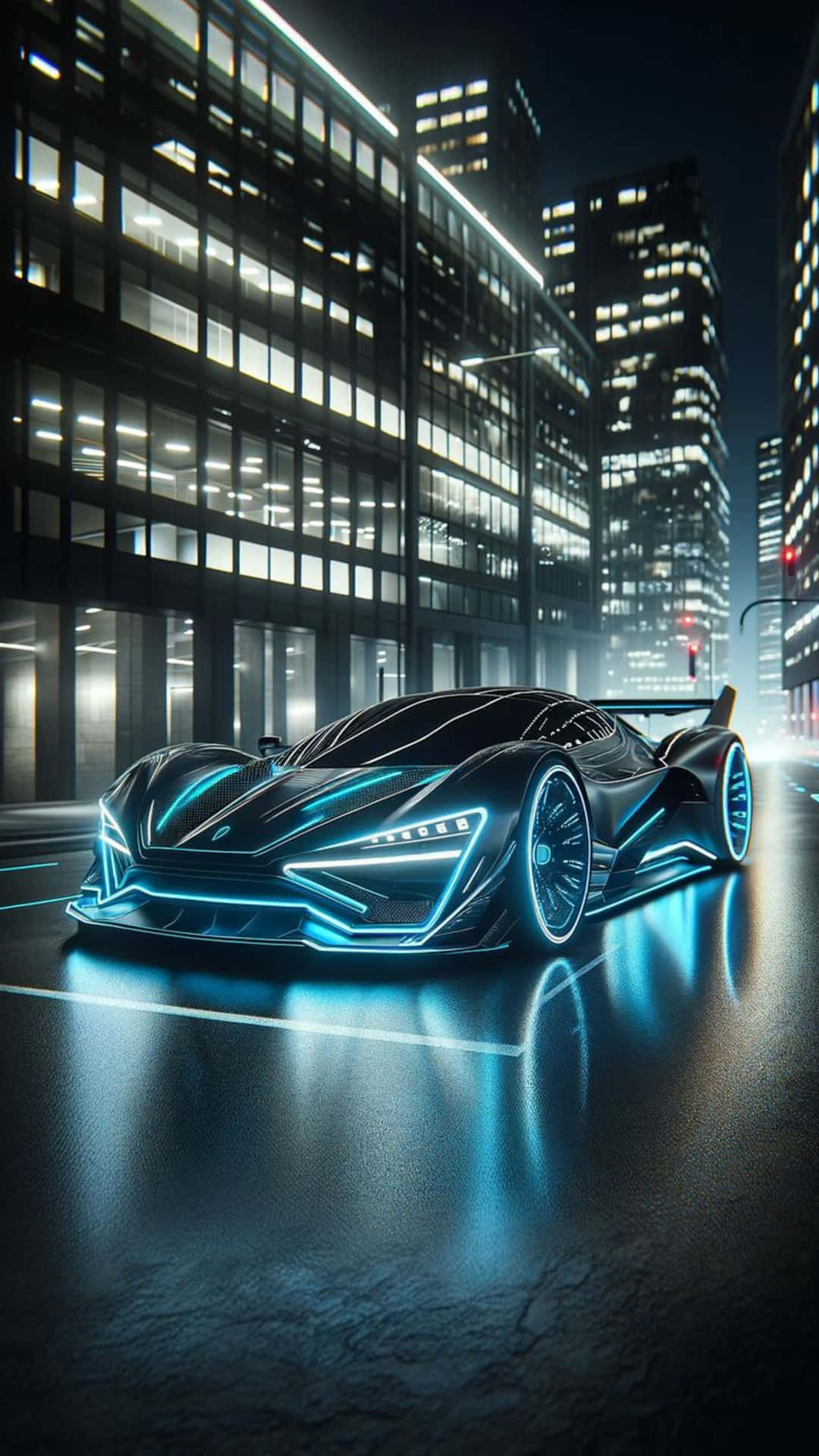 Neon Lit Lamborghini Futuristic Cityscape Wallpaper