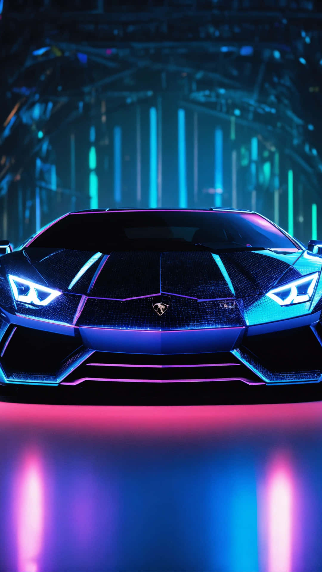 Neon Lit Lamborghiniin Futuristic Setting.jpg Wallpaper