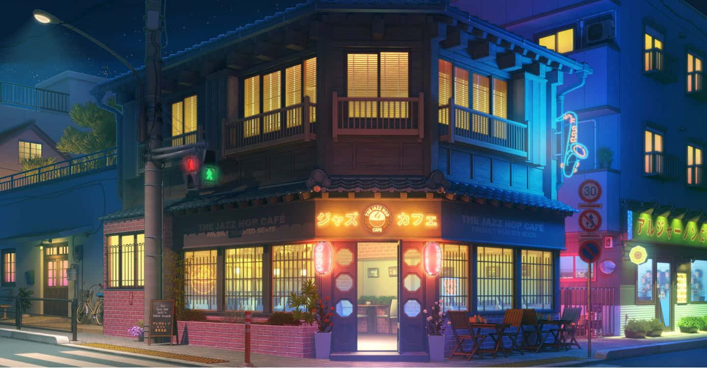 Neon Lit Traditional Cafe At Night Wallpaper