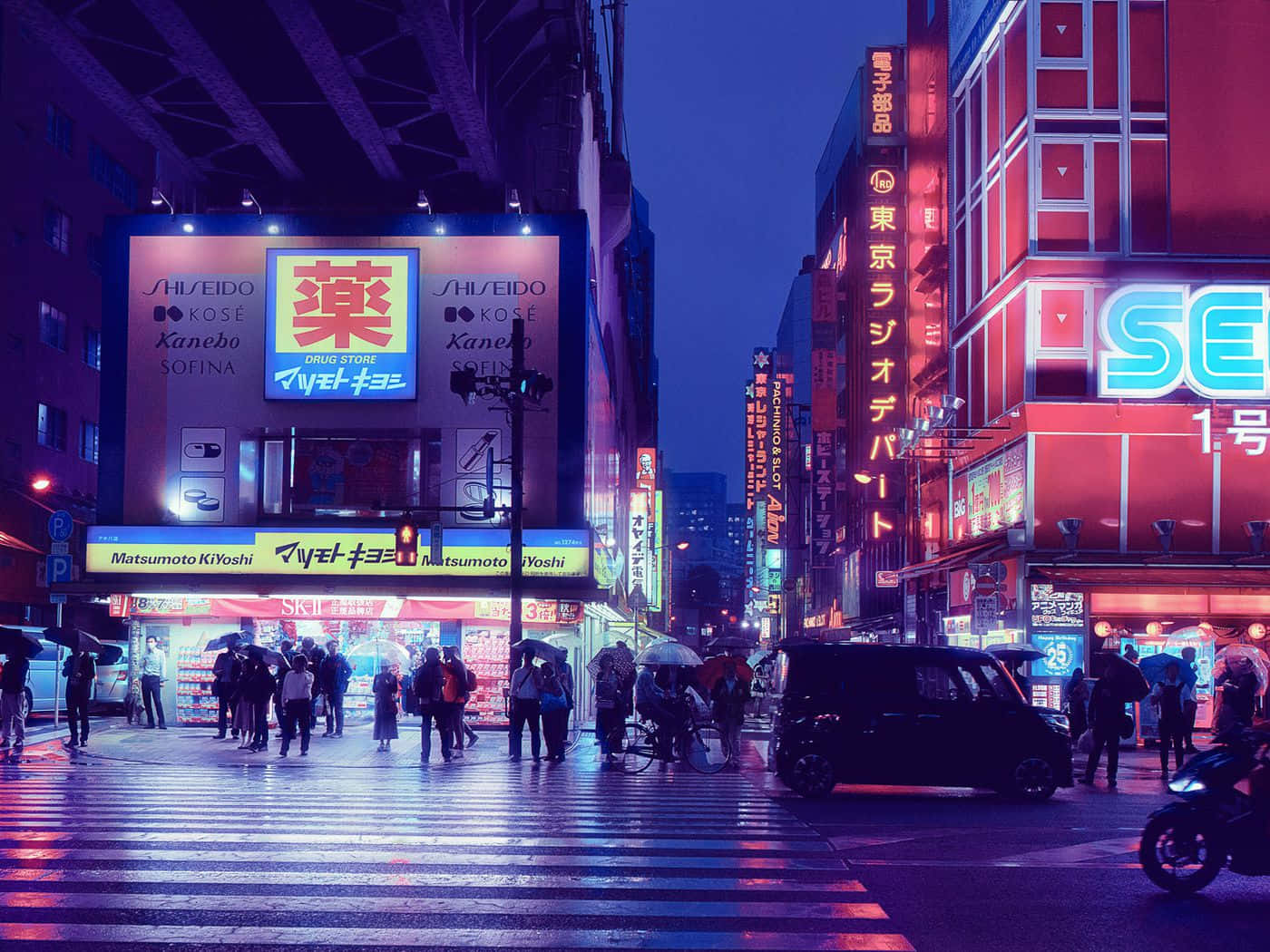 Neon Lit Urban Street At Twilight Wallpaper