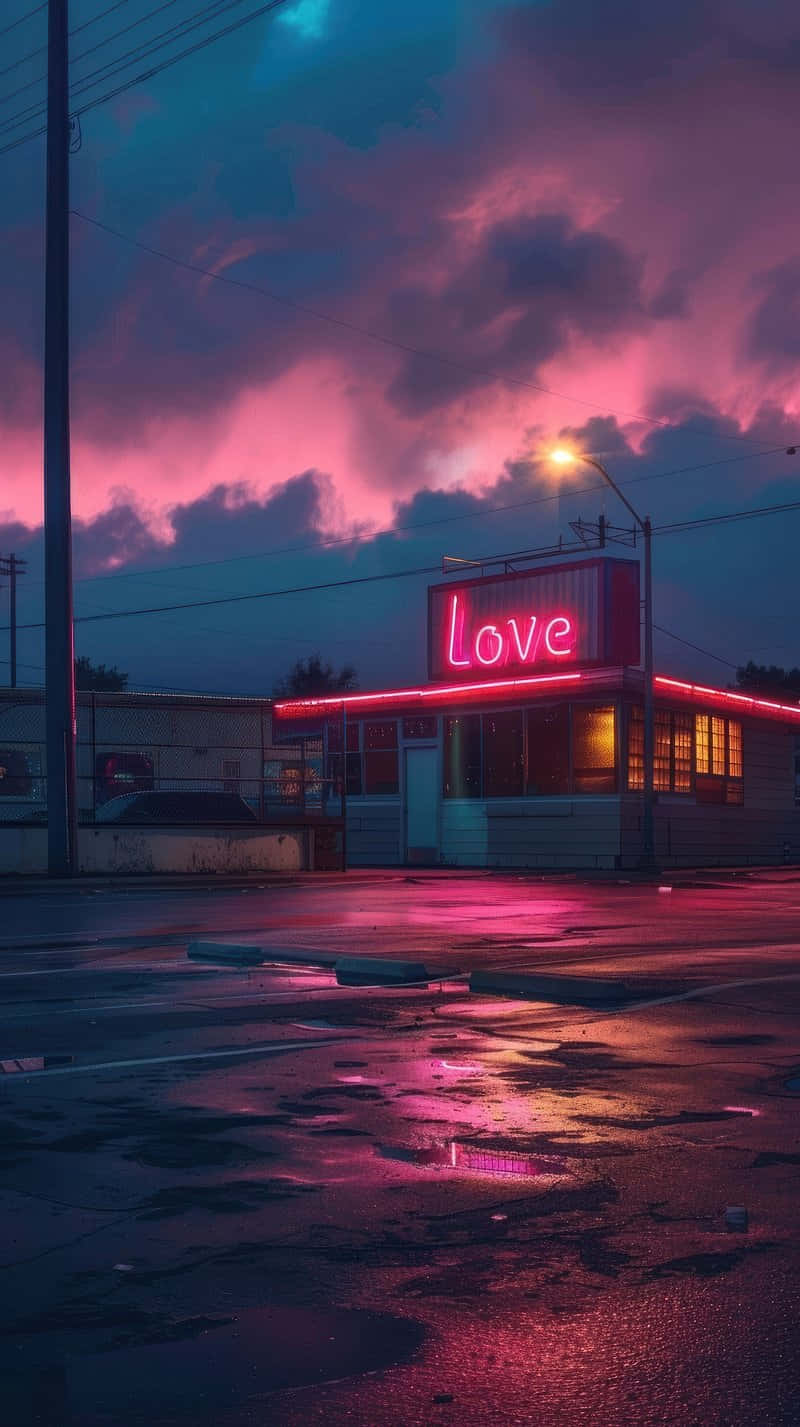 Neon Love Diner Onder De Schemerige Lucht Achtergrond