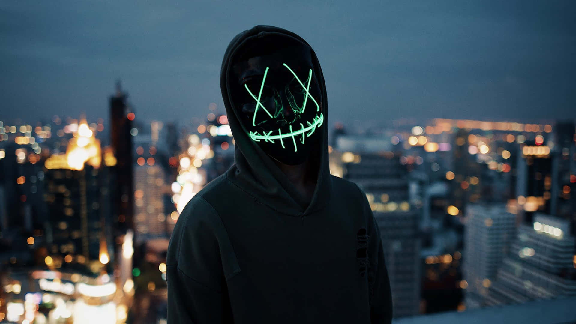 Neon Mask Wallpaper 4K, Man in Black, Dark background