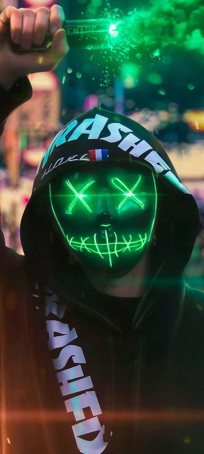 Mysterious Neon Mask Guy Enveloped in Green Smoke Wallpaper