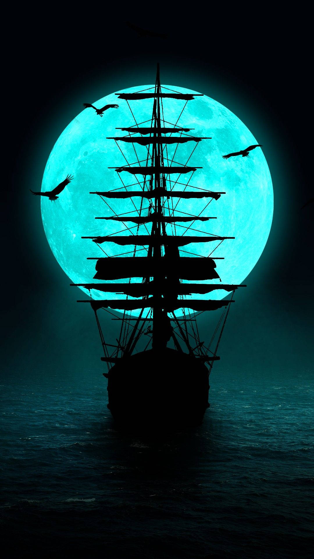 Neon Moon Pirate Ship Wallpaper