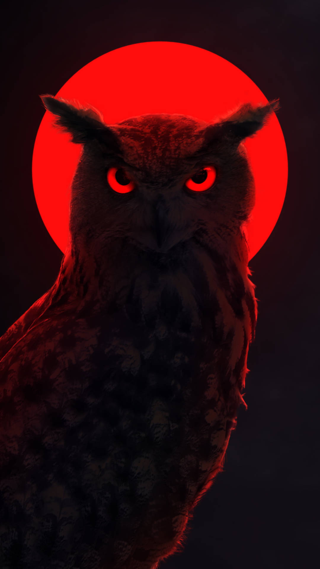 Mesmerizing Neon Moon with Red Owl - A Surreal Night Vision Wallpaper