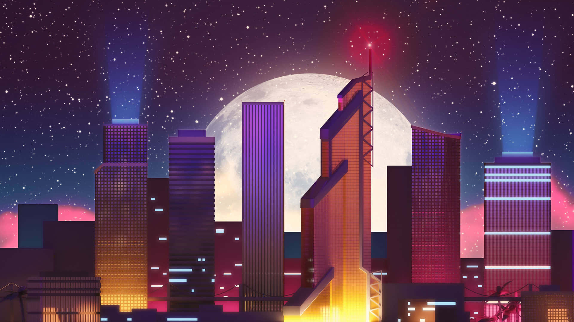 Neon Moonlight Urban Skyline Wallpaper