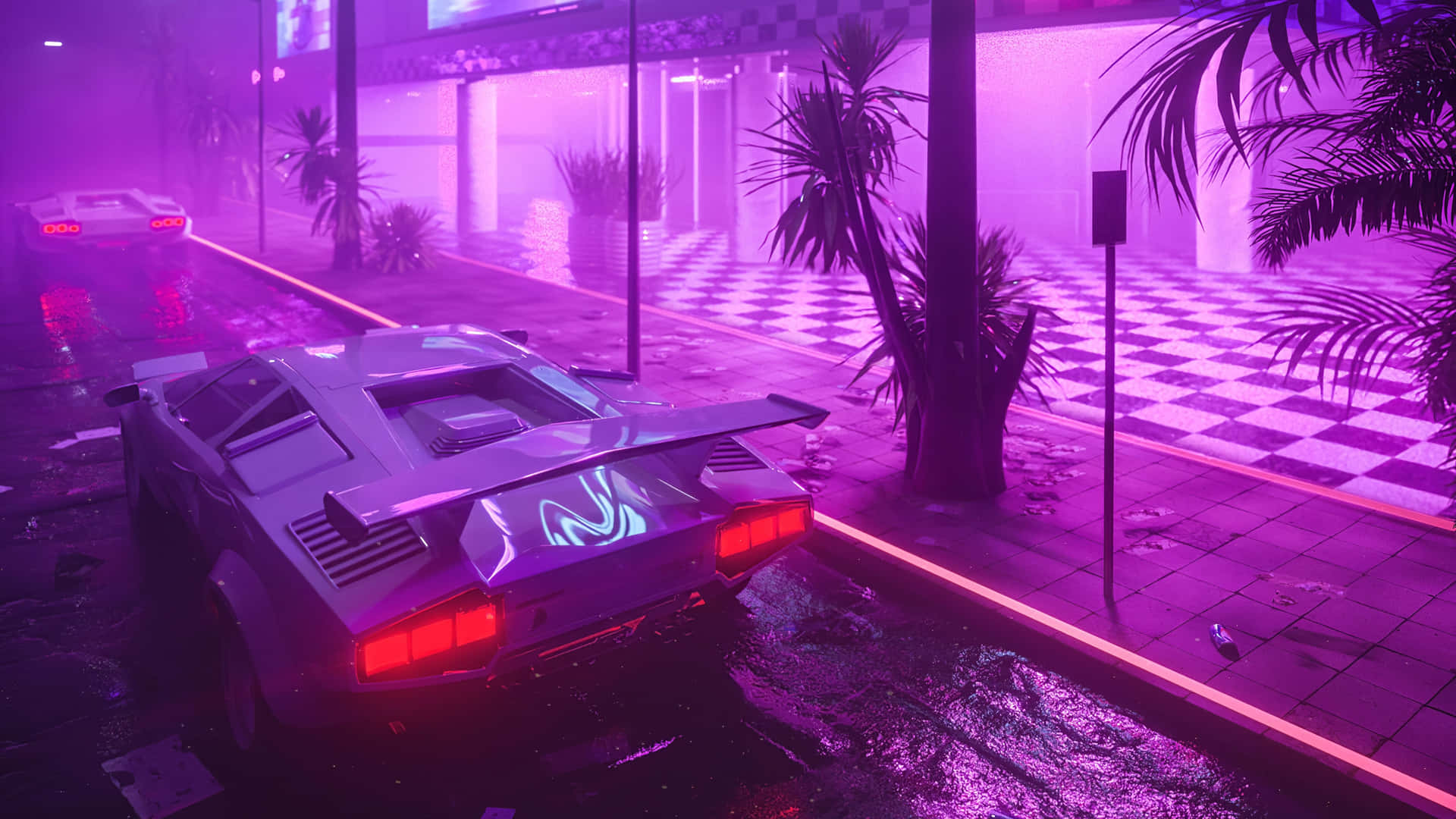 Neon Night Retro Cars Scene Wallpaper