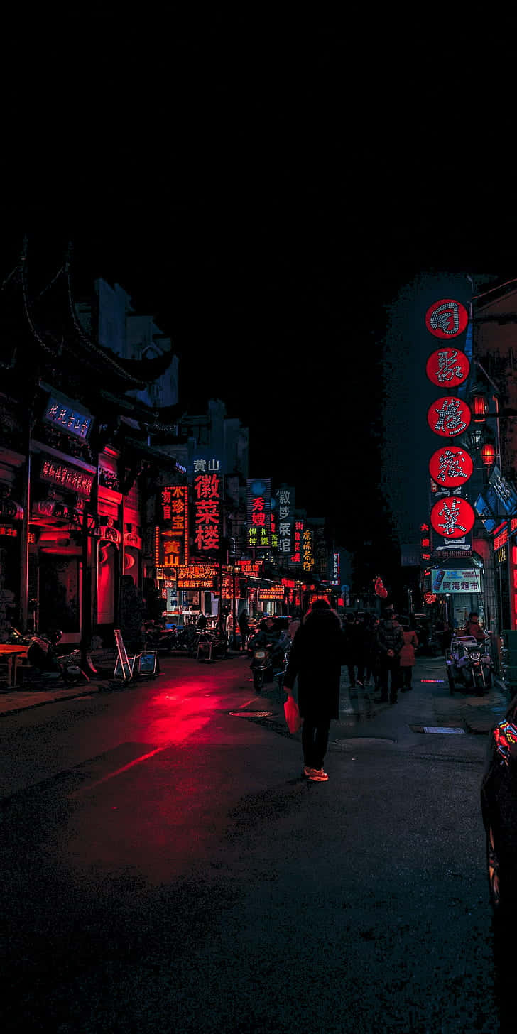 Neon Nachtleven In Stedelijke Straat Achtergrond