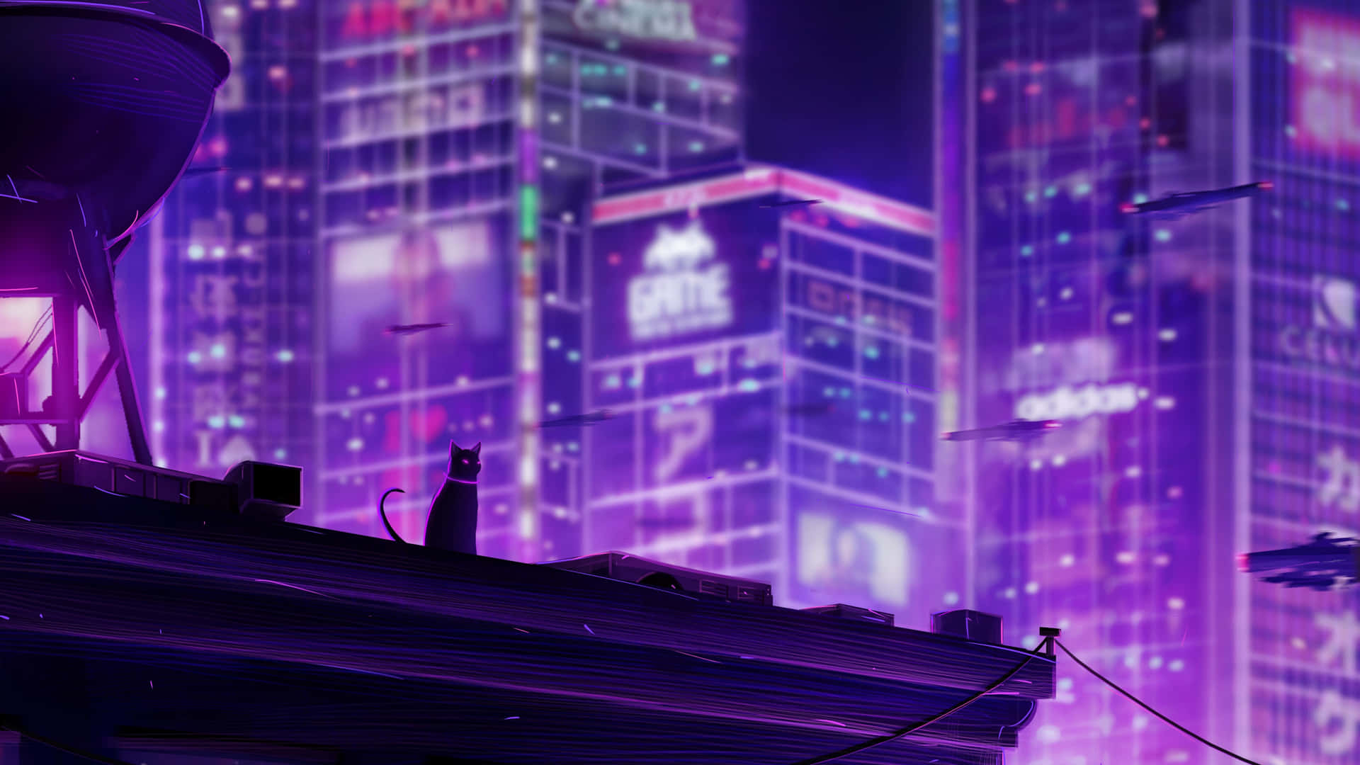 Neon_ Nightwatch_ Cat_on_ Rooftop Wallpaper