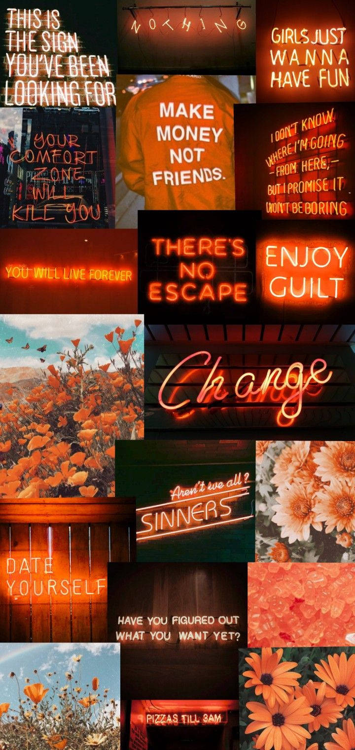 Neon Orange Aesthetic Collage Many Signs Wallpaper