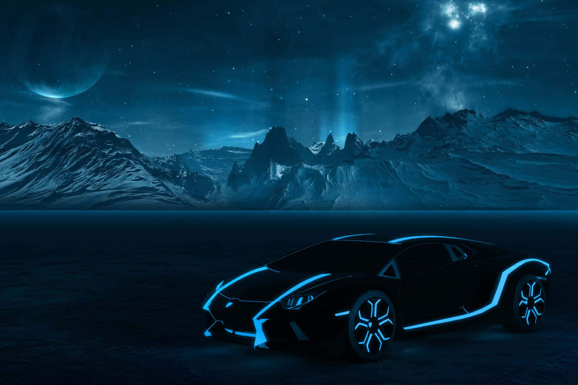 Neon Outlined Lamborghini Against Mountainous Nightscape Wallpaper