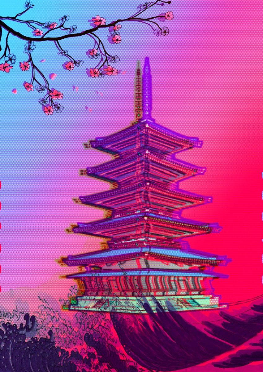 Neon Pagoda Retro Aesthetic Iphone Wallpaper