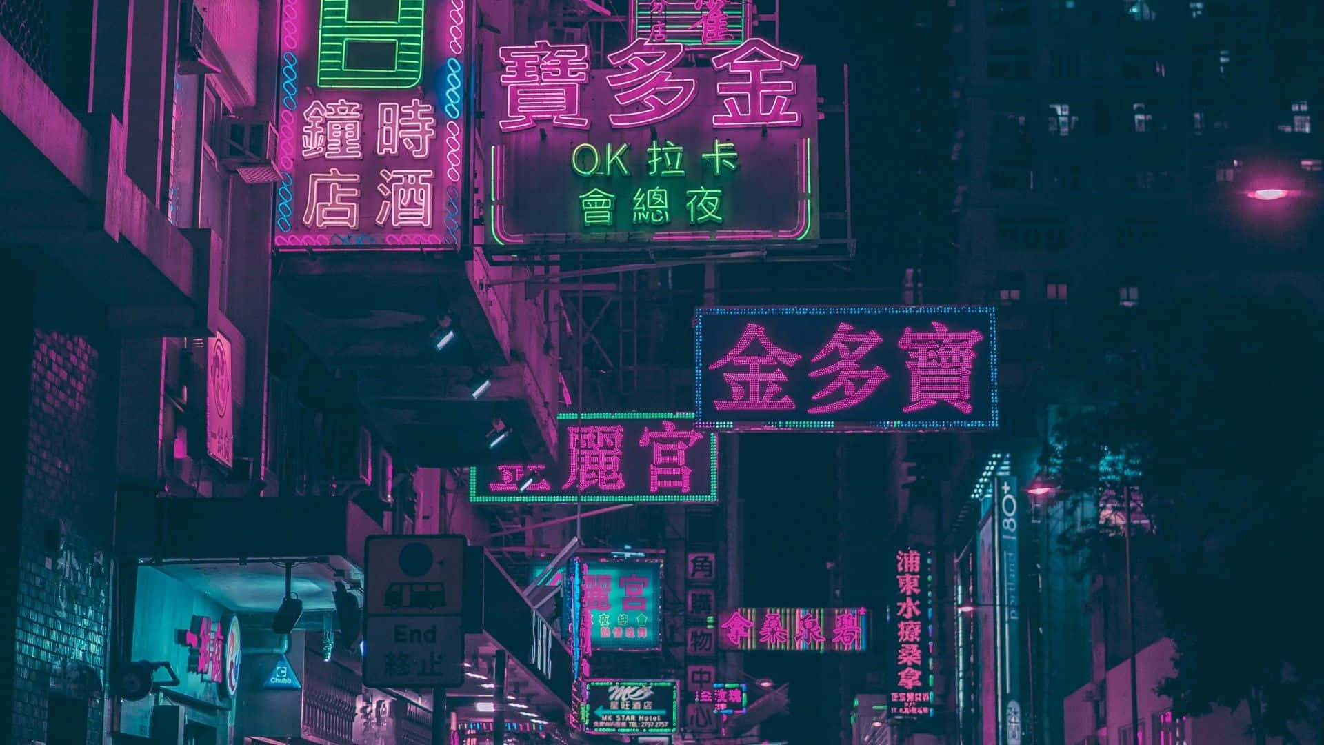 Immaginenotturna Di Hong Kong Con Estetica Neon Città.