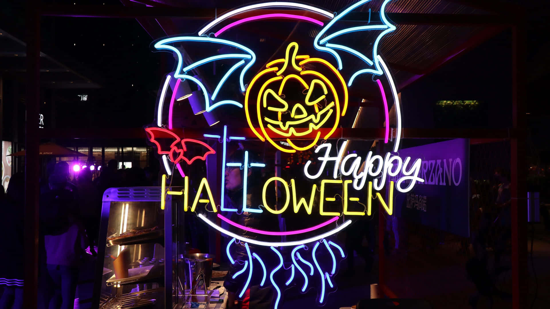 Imagende Letrero De Calabaza Brillante De Feliz Halloween En Neon