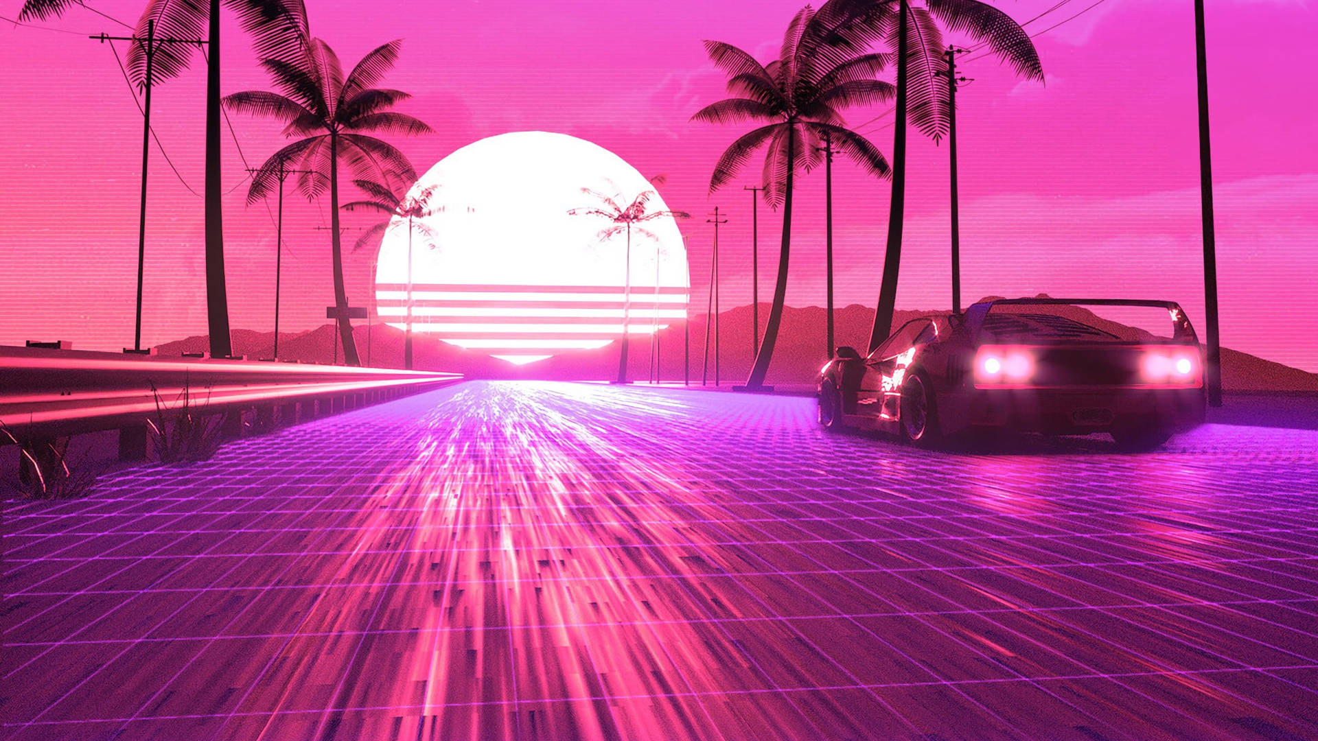 Neon Pink Aesthetic Sunset Road Wallpaper