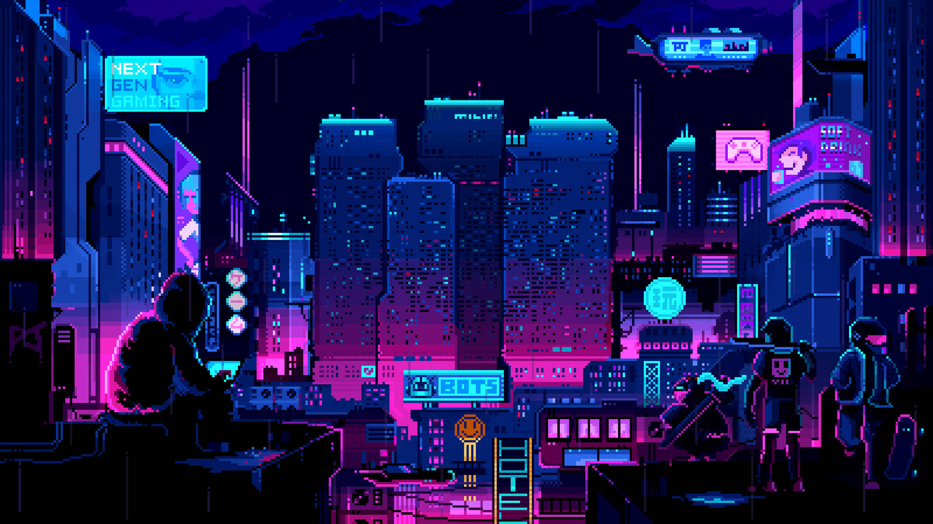 Neon pixel city design wallpaper