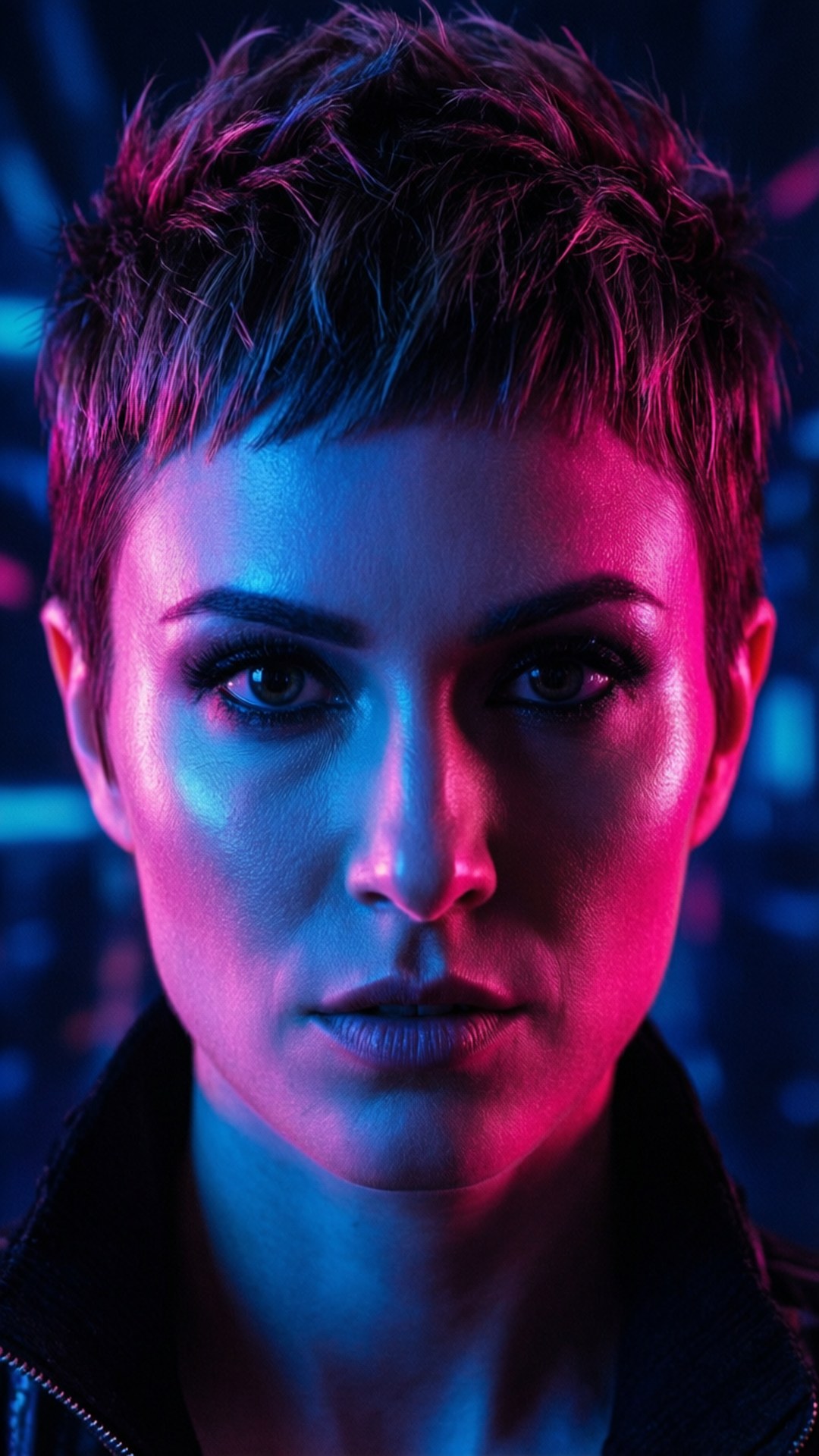 Un primo piano cyberpunk di una donna con un taglio pixie Karen sotto luci al neon.