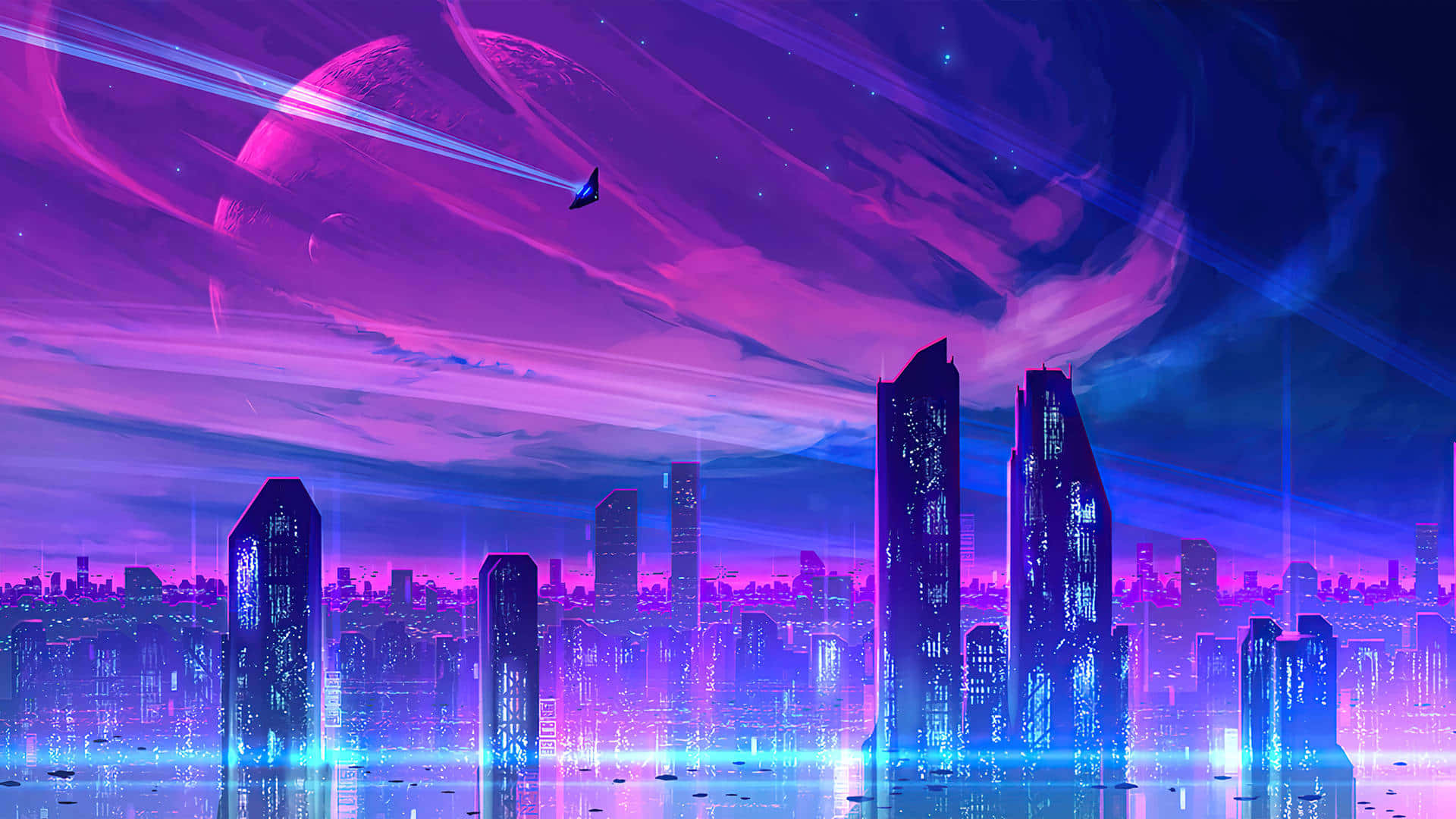 A Futuristic City With Purple Lights And Buildings