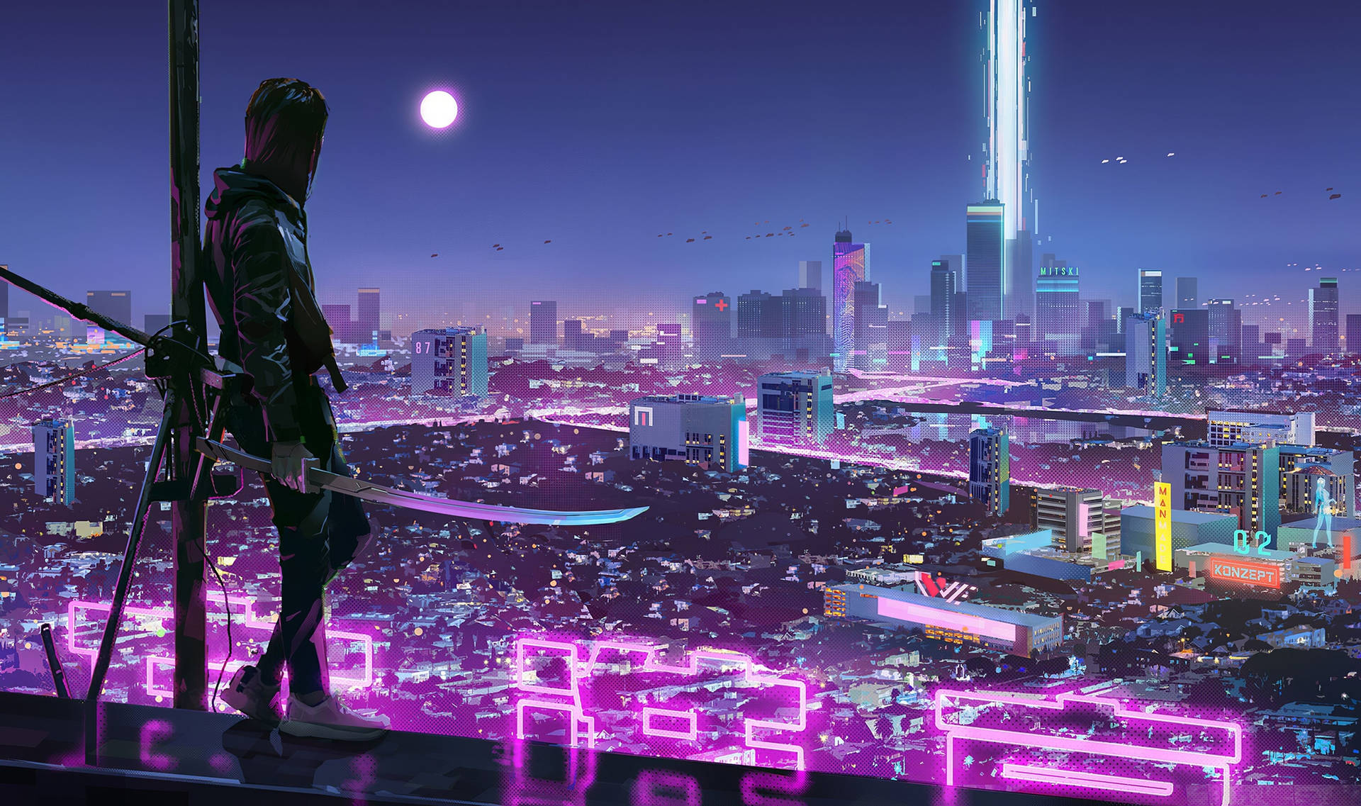 Neon lilla 4K kvinde nat sky XO blok online gaming Wallpaper