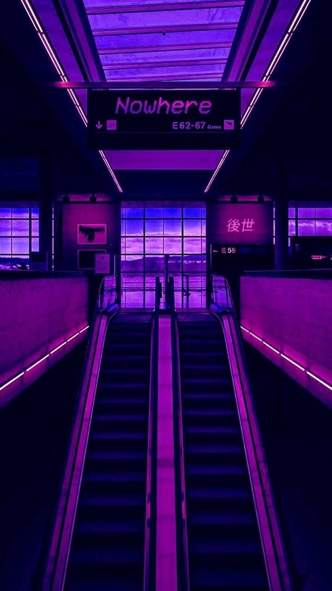 Neónpúrpura De 4k En El Edificio Con Escalera Mecánica Fondo de pantalla