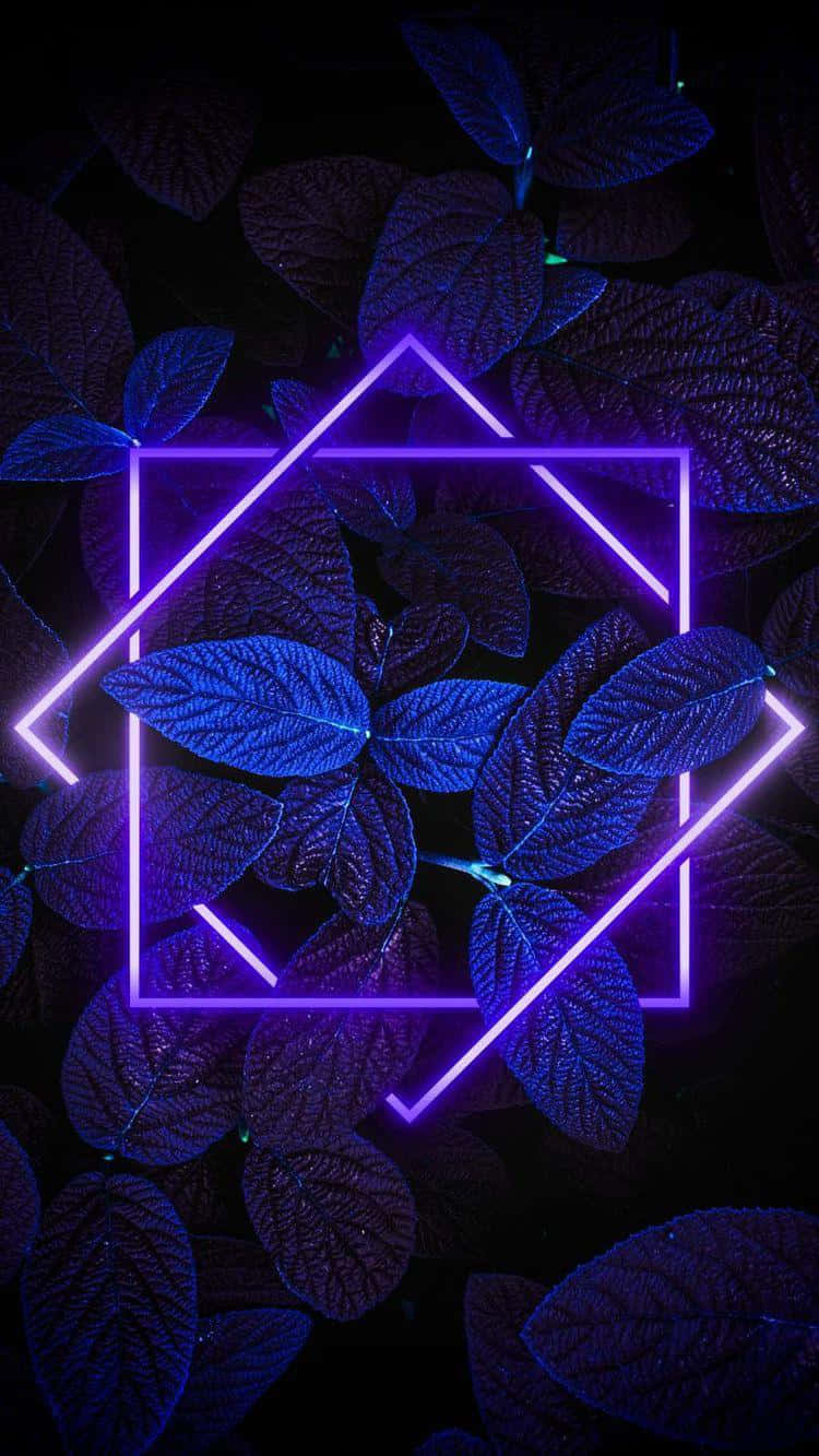 A Purple Neon Frame With Leaves In The Background