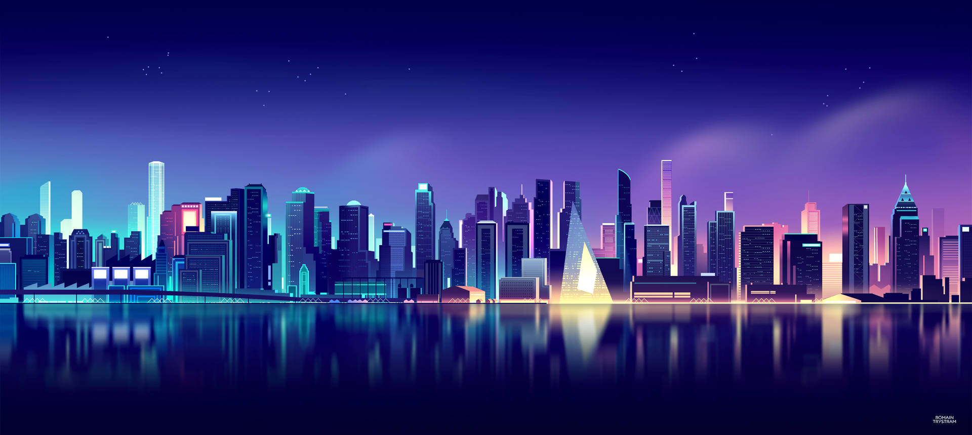 Neon Purple Aesthetic Distant City Wallpaper
