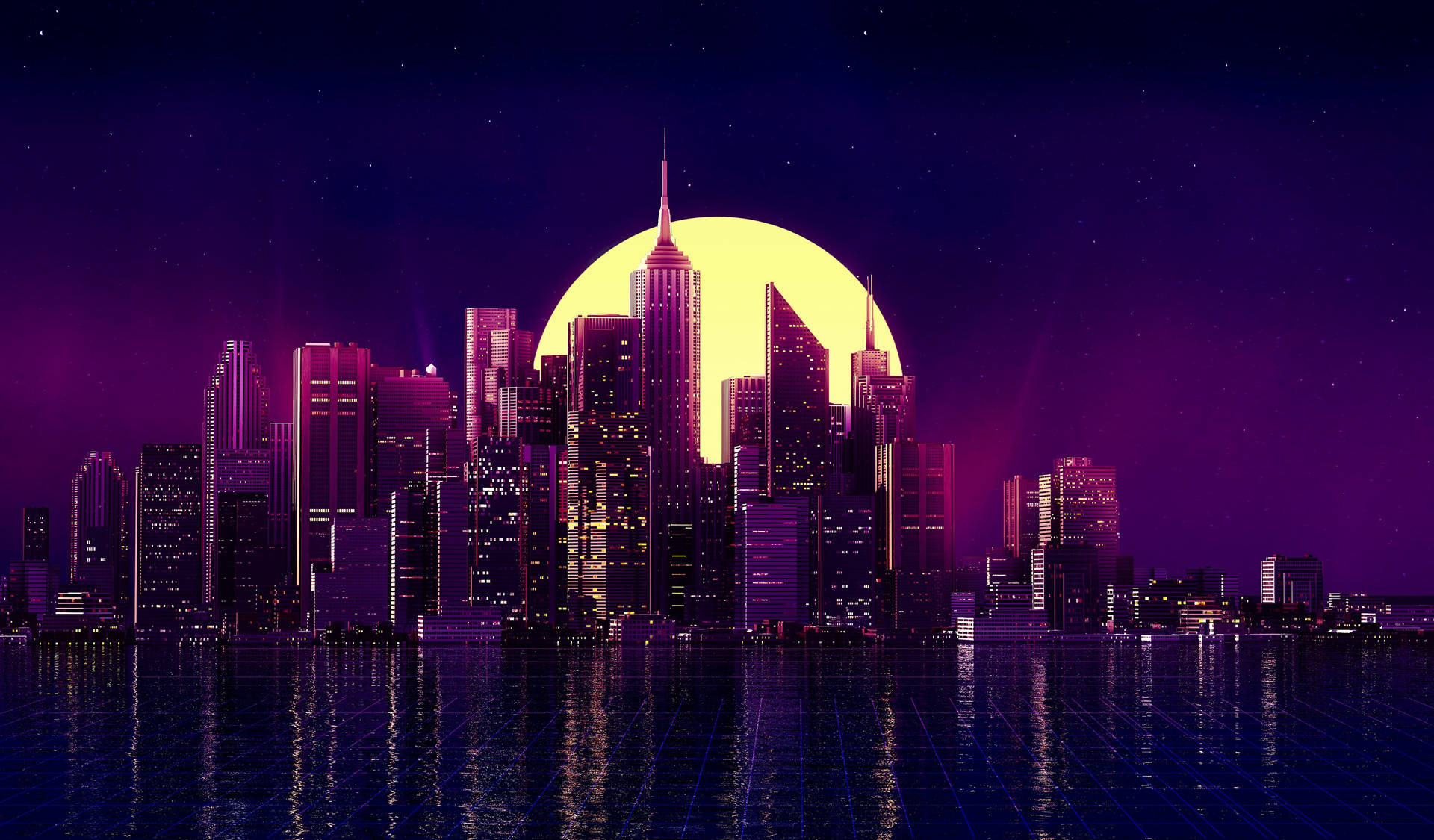 Neon Purple Aesthetic Moonlit City Wallpaper