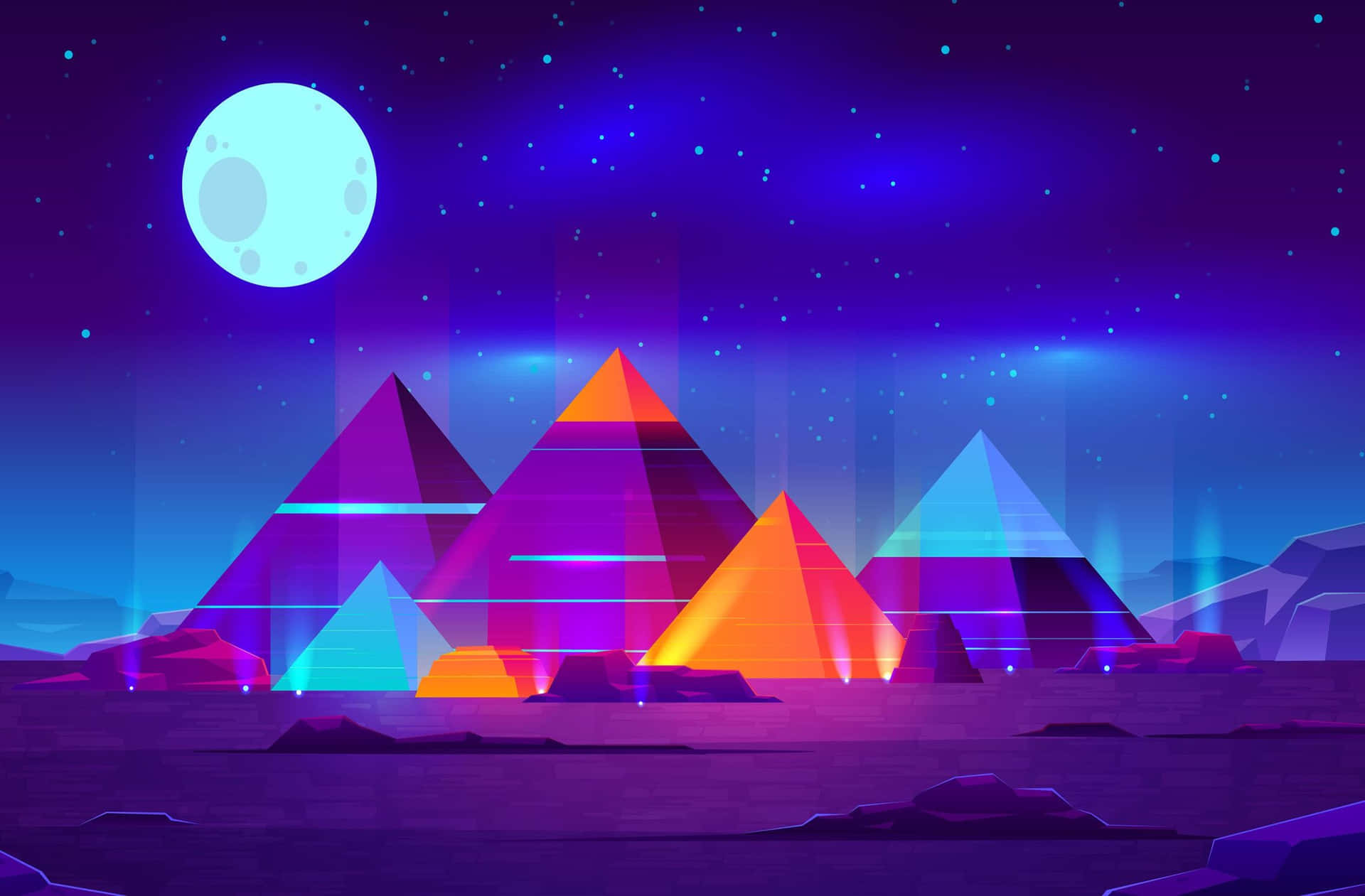 Neon Pyramids Night Sky Wallpaper