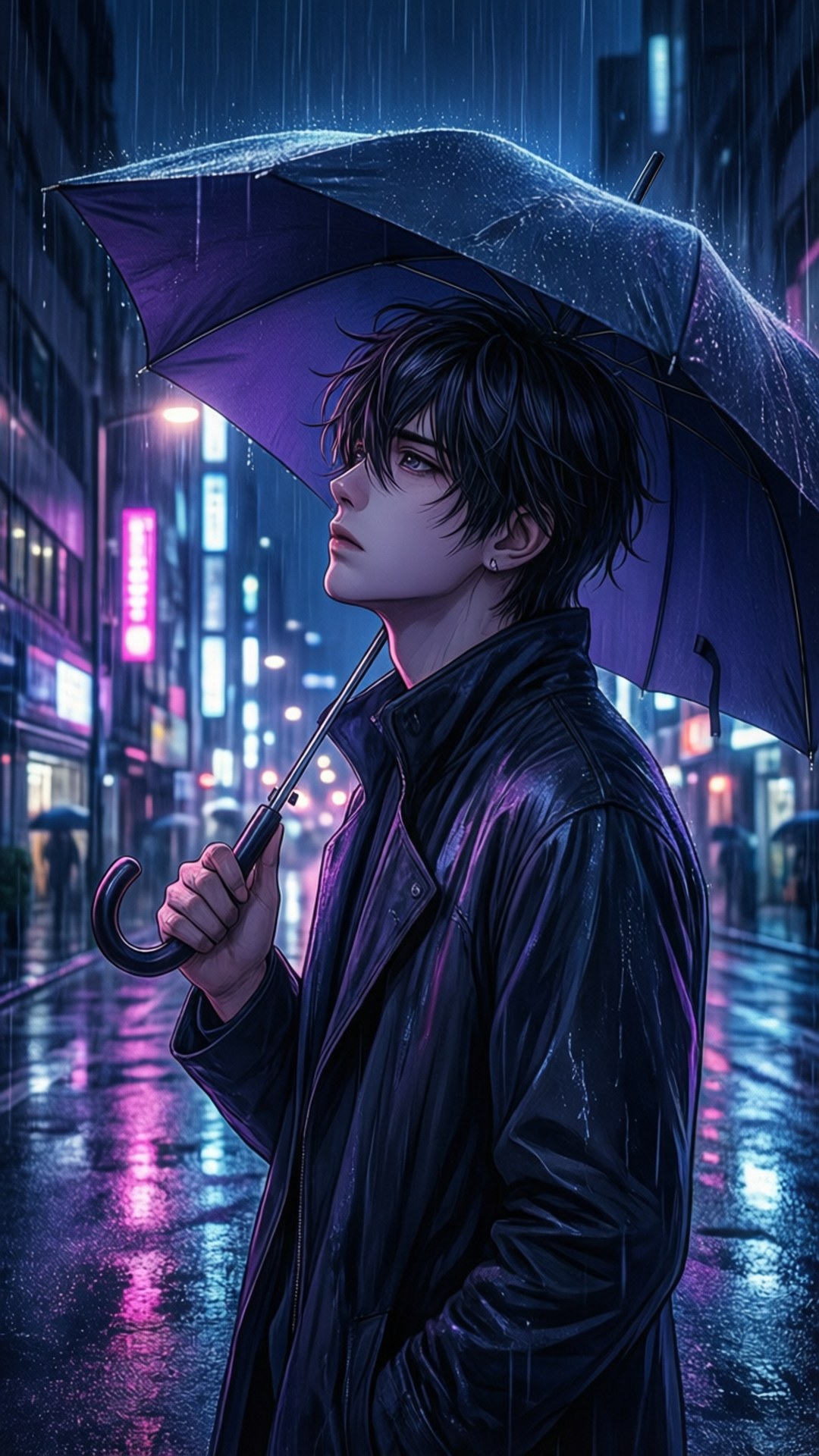Dan Heng står på en regnig, neonlyst stadsgata på natten, vilket skapar en melankolisk cyberpunk-scen.
