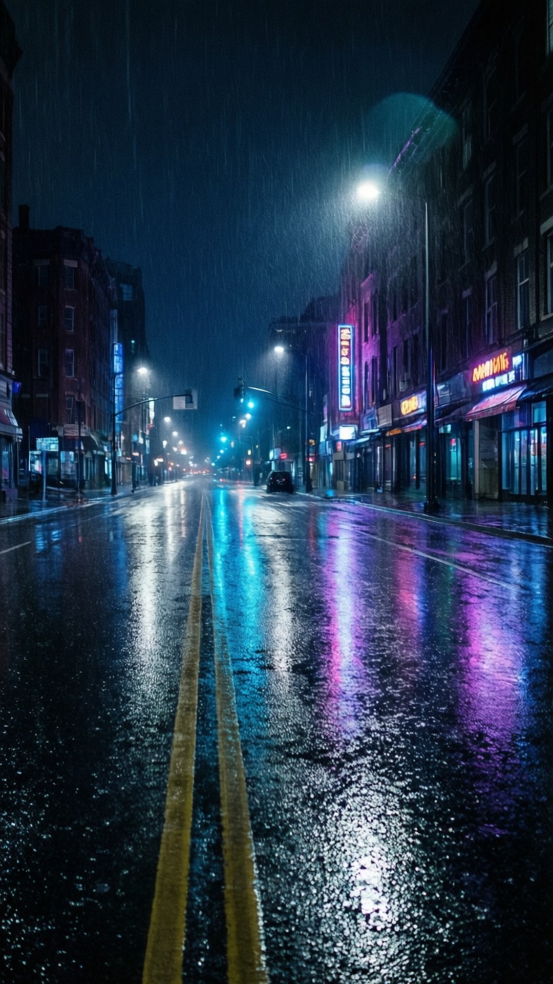 Neon Rain Wallpaper — Rain-slicked city street at night reflects neon signs in vibrant blues and pinks under streetlights.