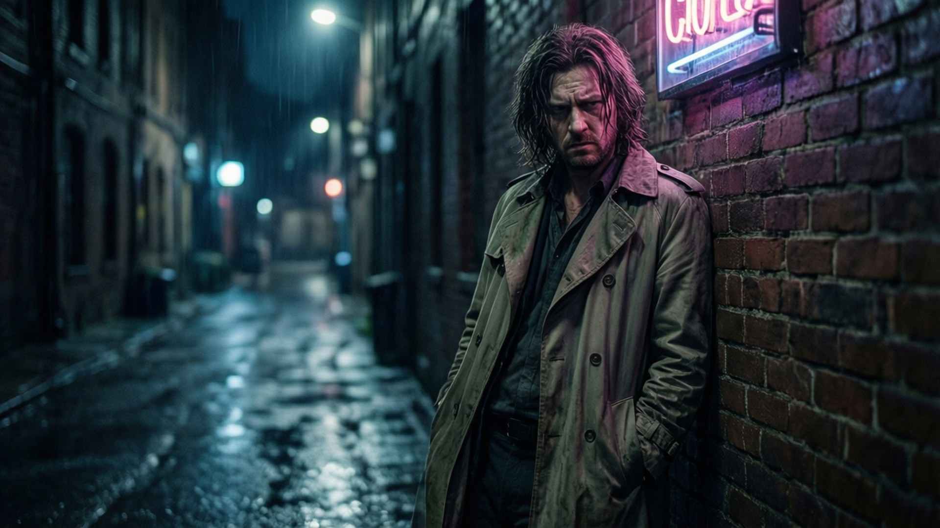A brooding figure in a rain-soaked alley, embodying acrimony in a short film aesthetic