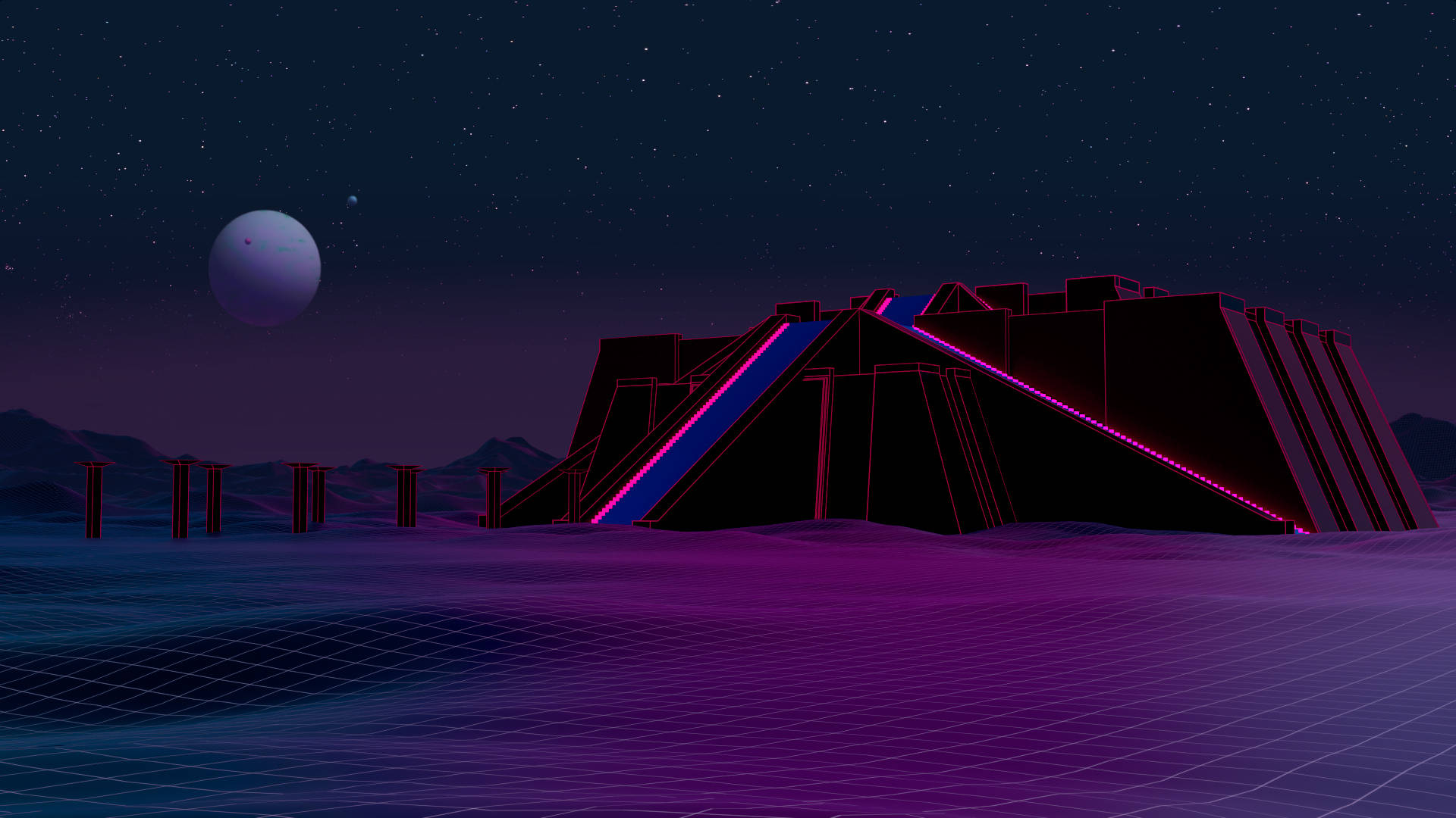“Welcome to the neon illuminated Retrowave Ziggurat” Wallpaper
