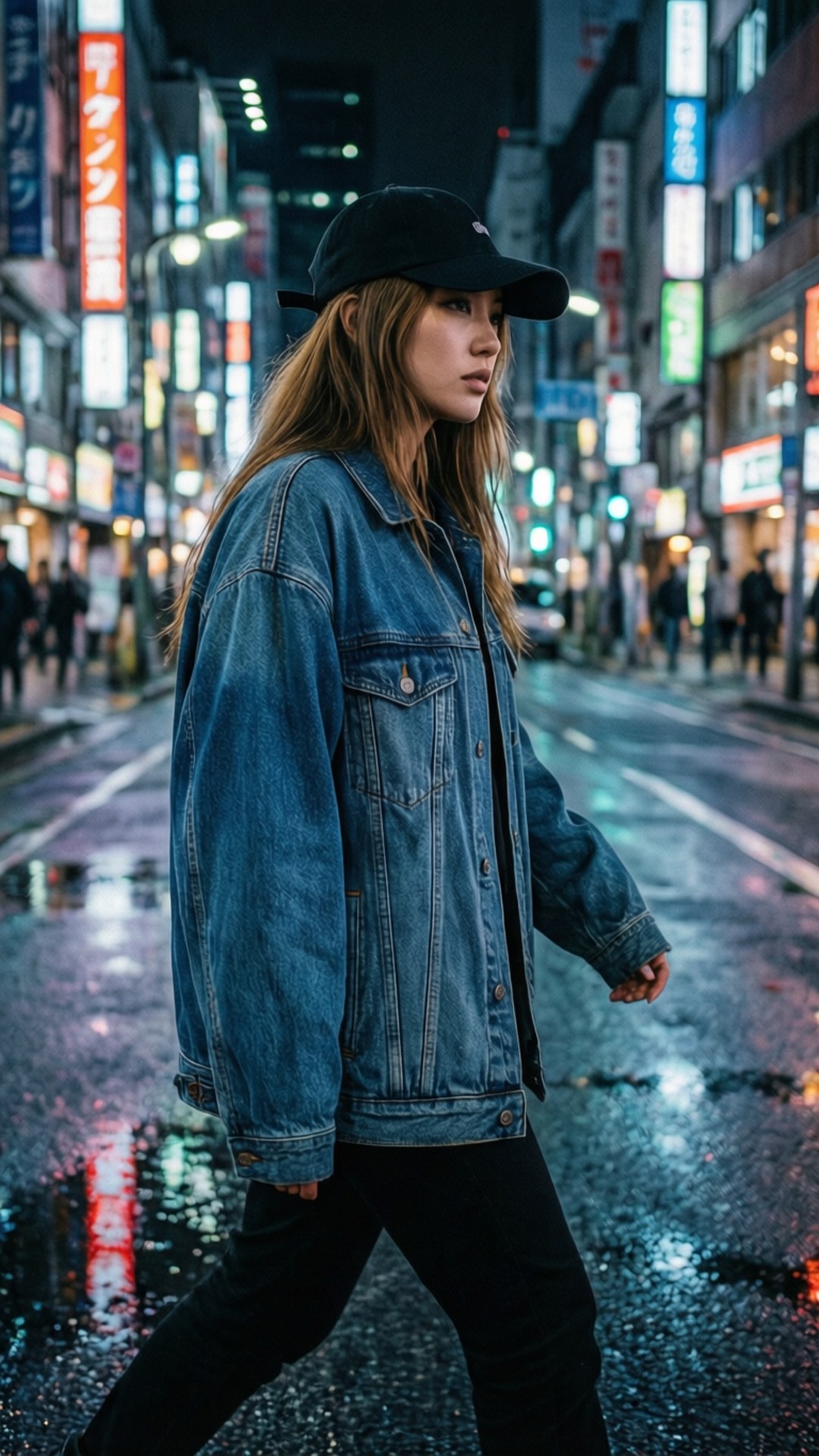 En cyberpunk-scene av en kvinne i svart caps som går om natten.