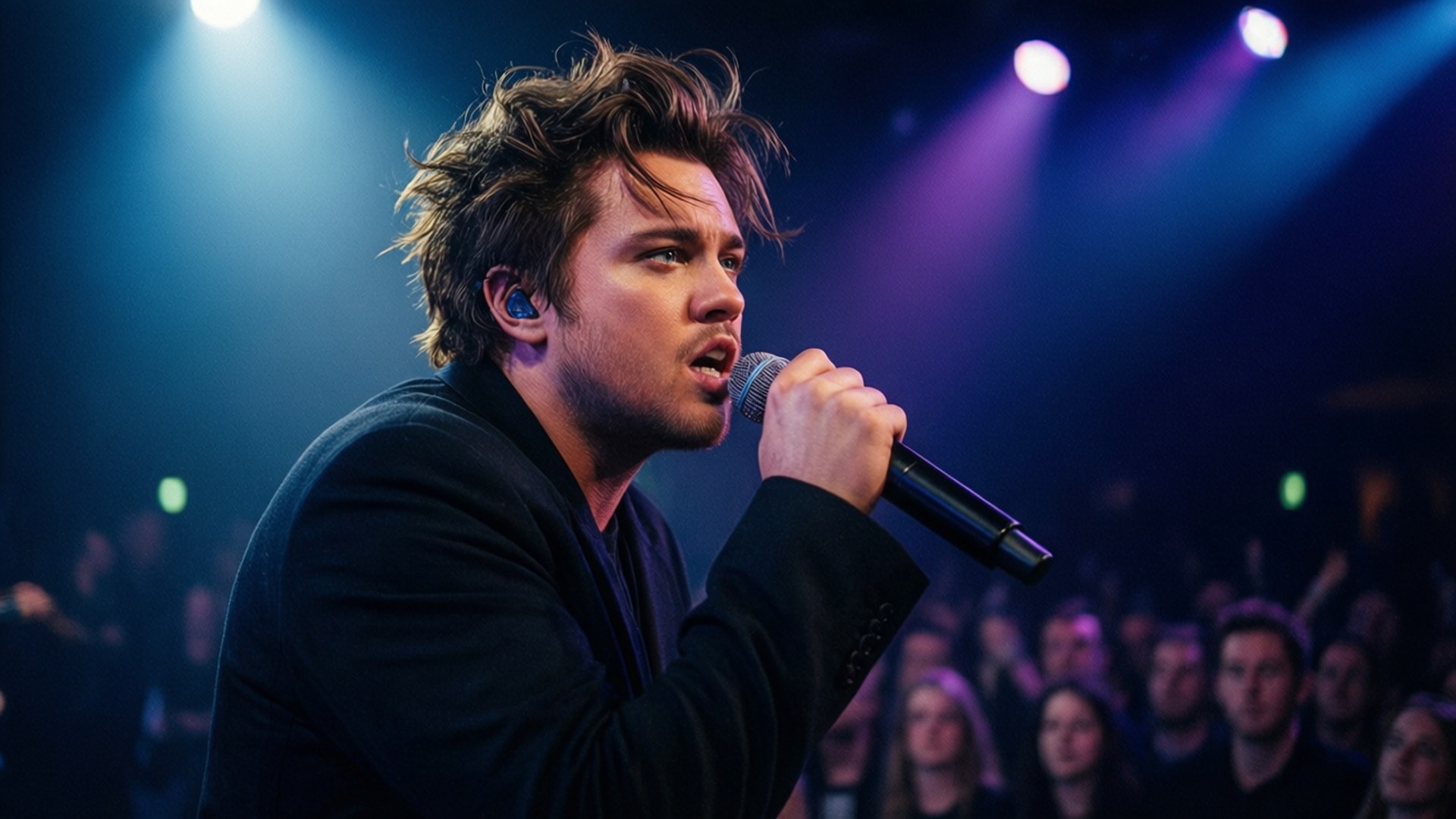 Neon-Bühnenperformance Hintergrundbilder — Charlie Puth elektrisierender Konzertmoment mit lebendigen Bühnenlichtern