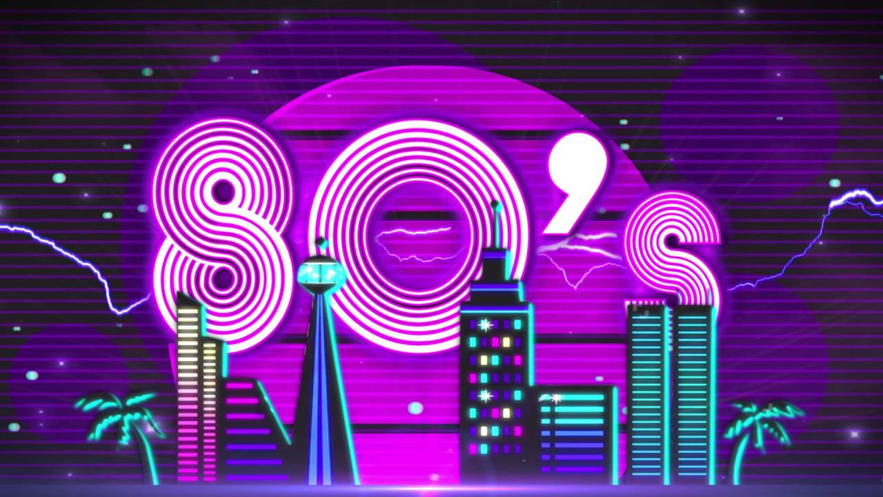 A striped neon 80s themed wallpaper with bright neon buildings.