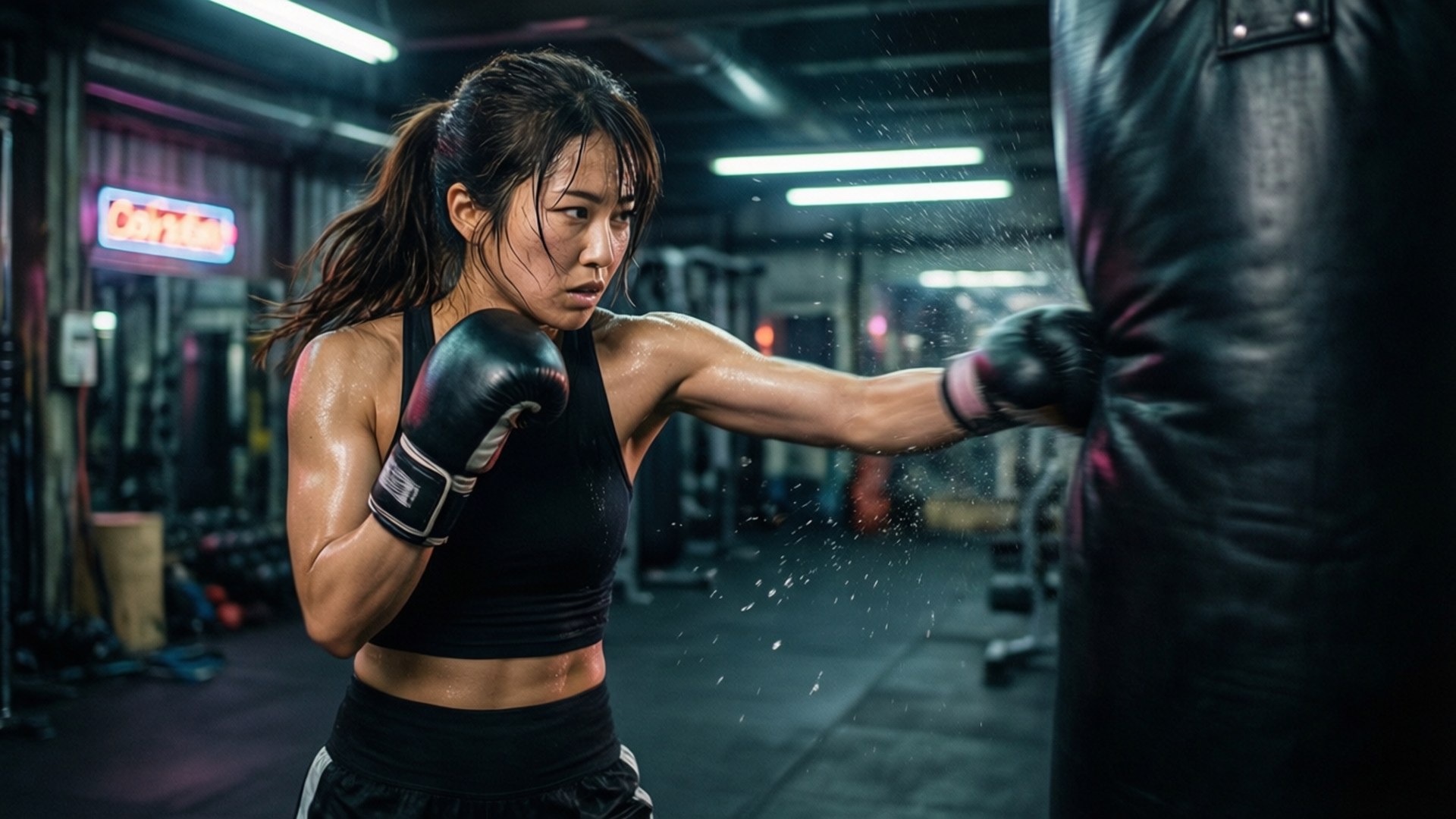 Megumi Fujii training hard in a neon-lit gym with a cyberpunk vibe.