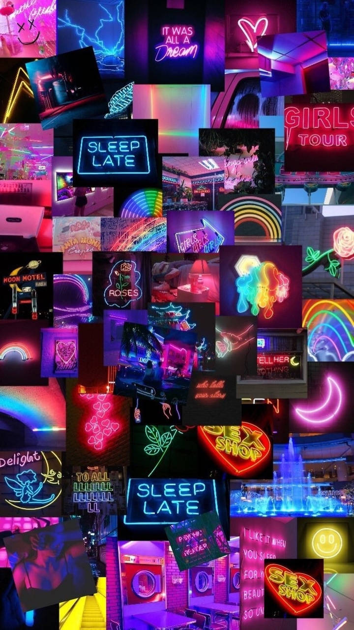Neonskilt Collage Trippy Æstetisk Wallpaper