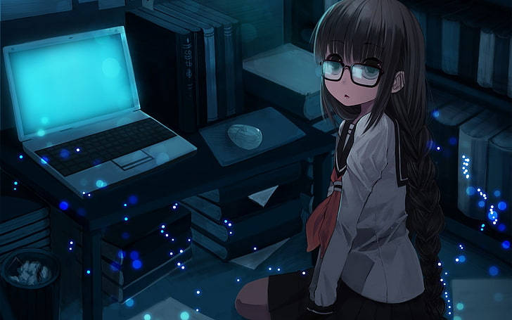 Nerd Anime Girl In Front Of Laptop Wallpaper