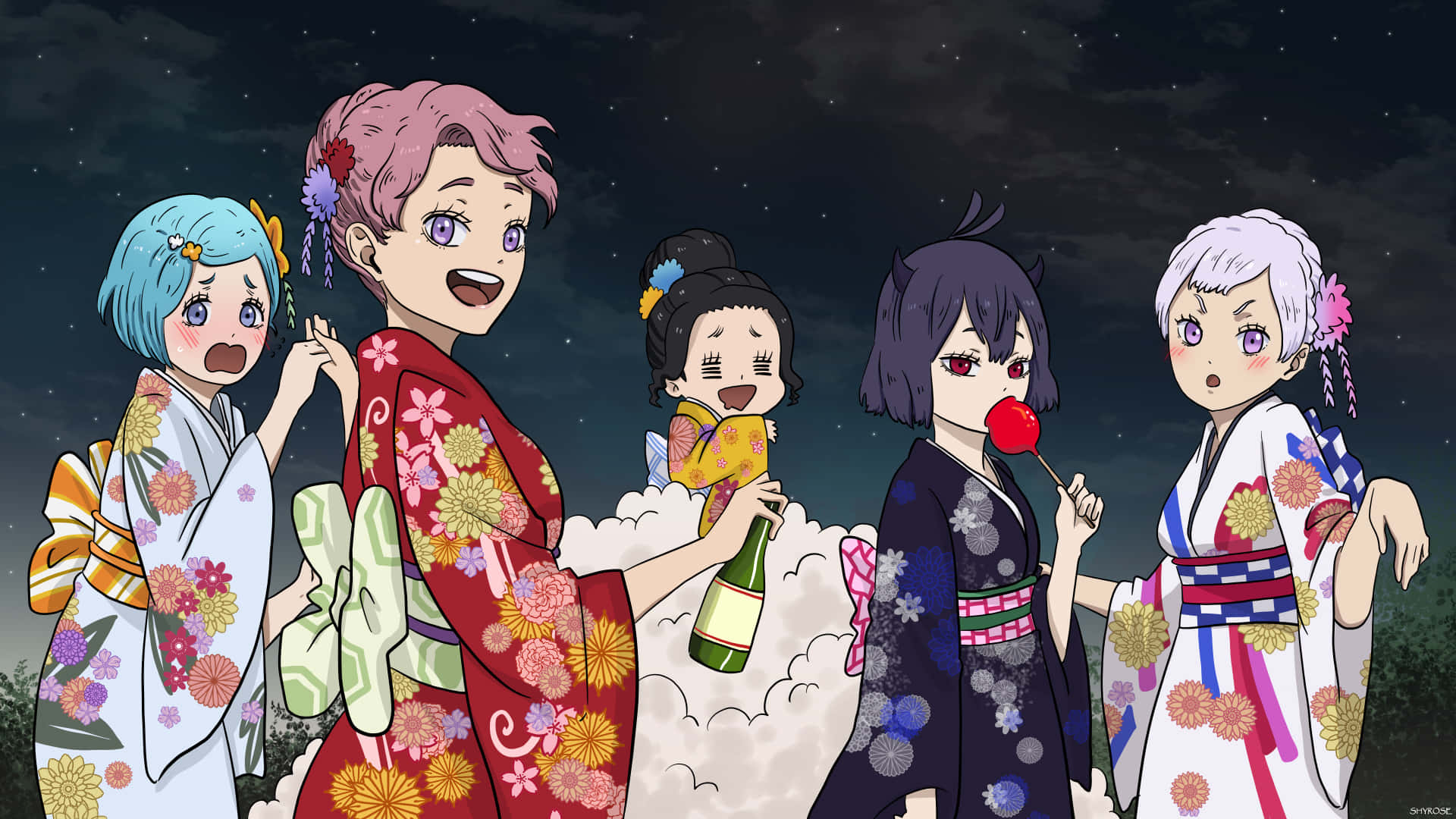 A Group Of Anime Girls In Kimono Standing In The Night Wallpaper
