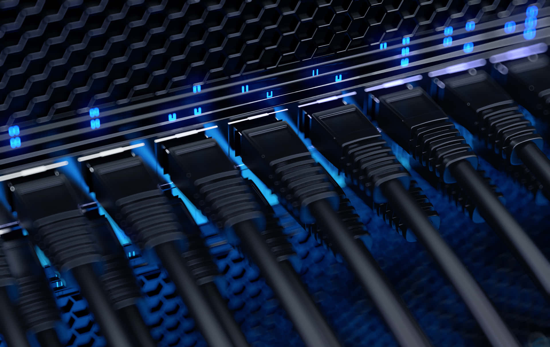 A Rack Of Cables With Blue Lights