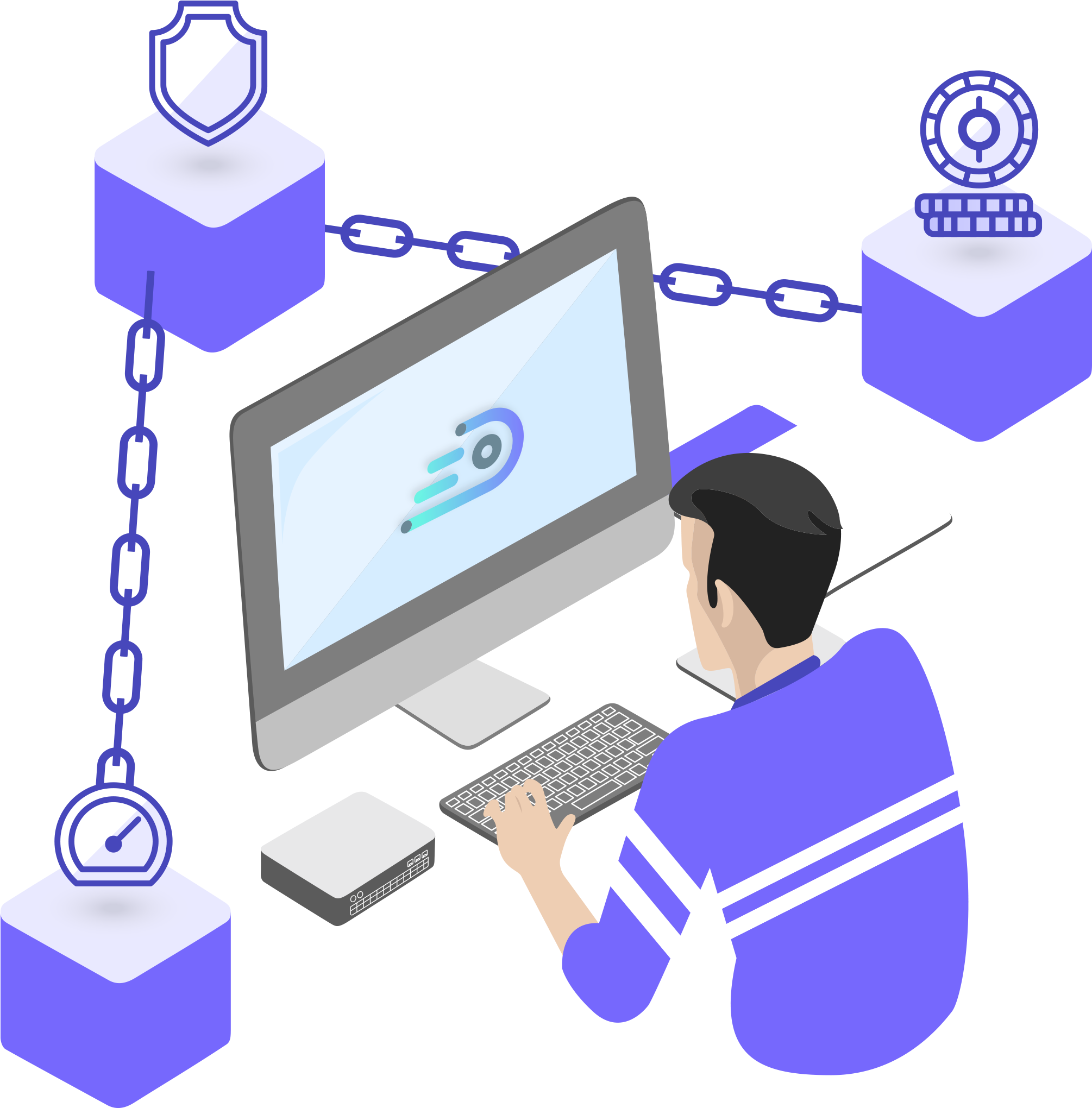 Network Security Management Illustration PNG — A person in a purple shirt types on a keyboard surrounded by isometric blockchain icons connected by chains.
