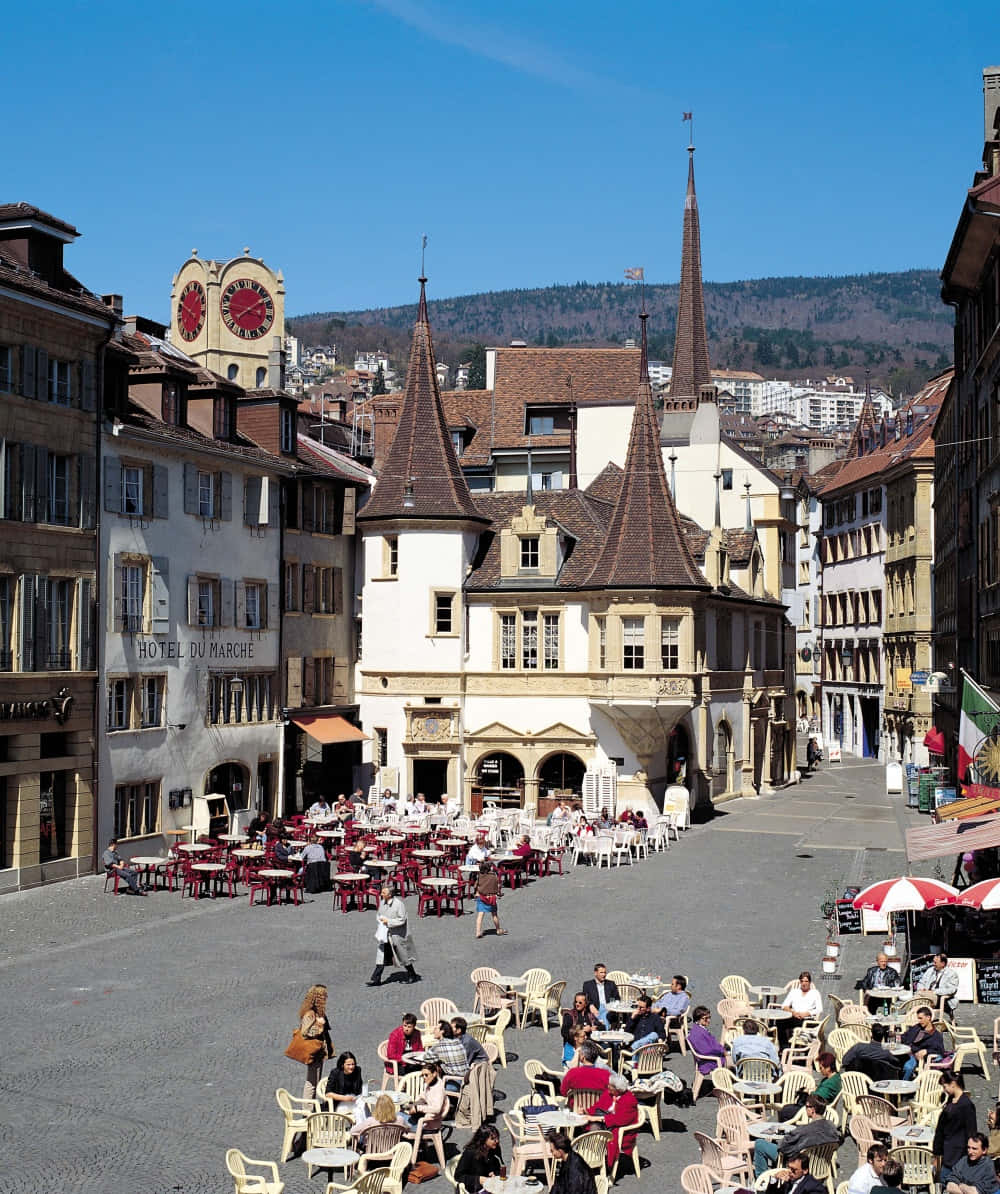 Neuchatel Town Square Bustling Cafes Wallpaper