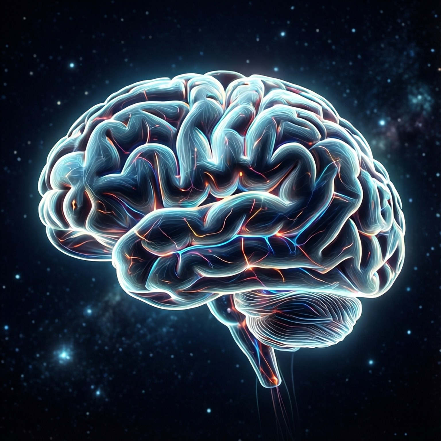 En abstrakt glødende hjerne med neurale forbindelser i rummet, der repræsenterer intelligens og viden.