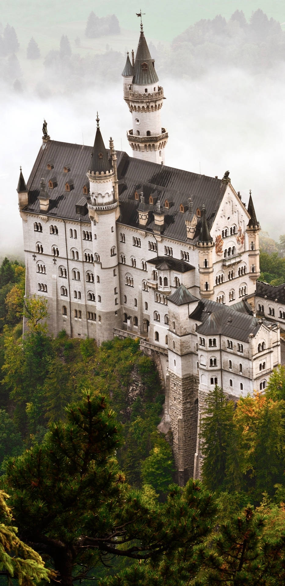 Vistaaérea Del Castillo De Neuschwanstein Con Niebla. Fondo de pantalla