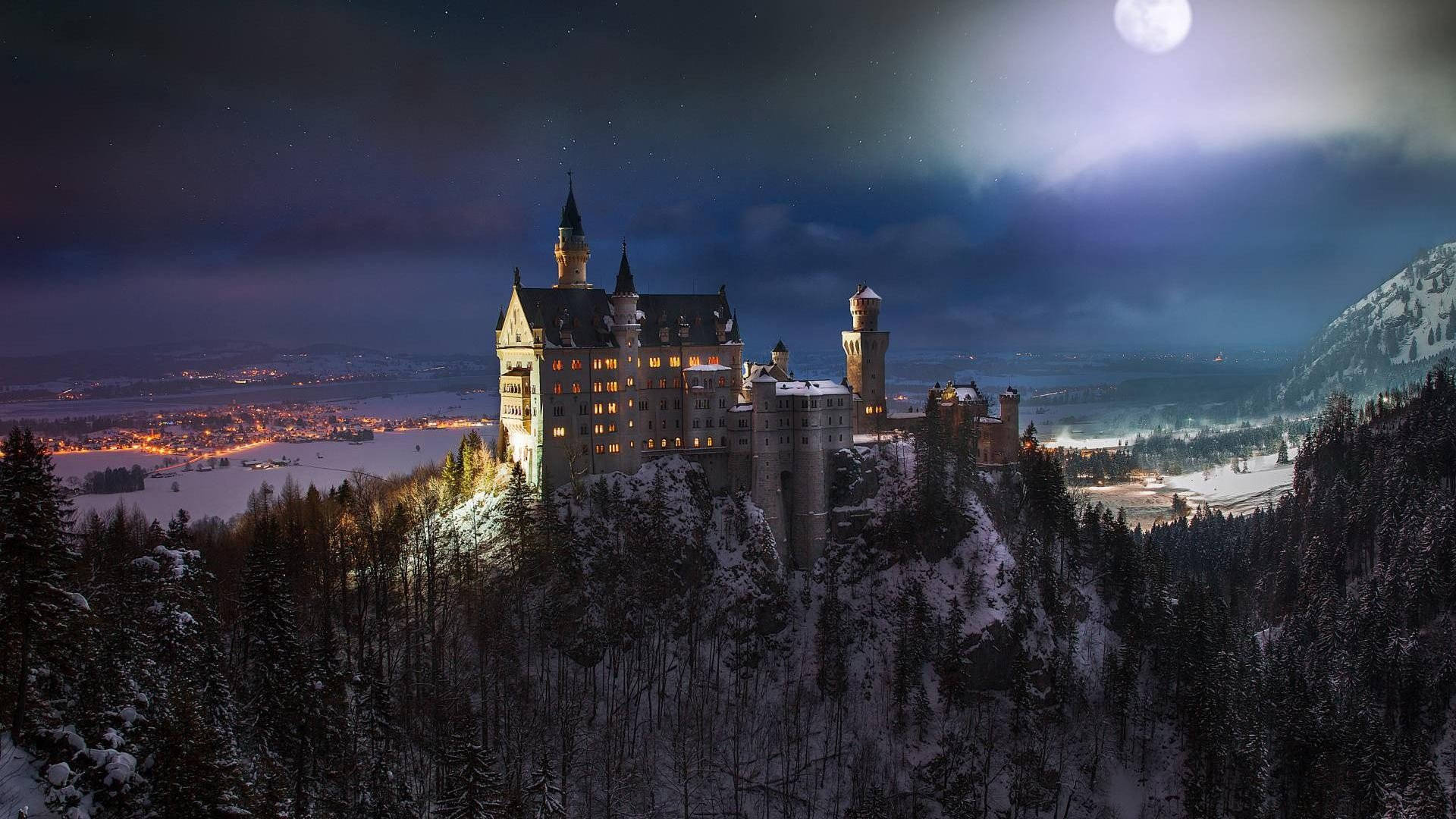 Neuschwanstein Castle Moonlit Night Wallpaper