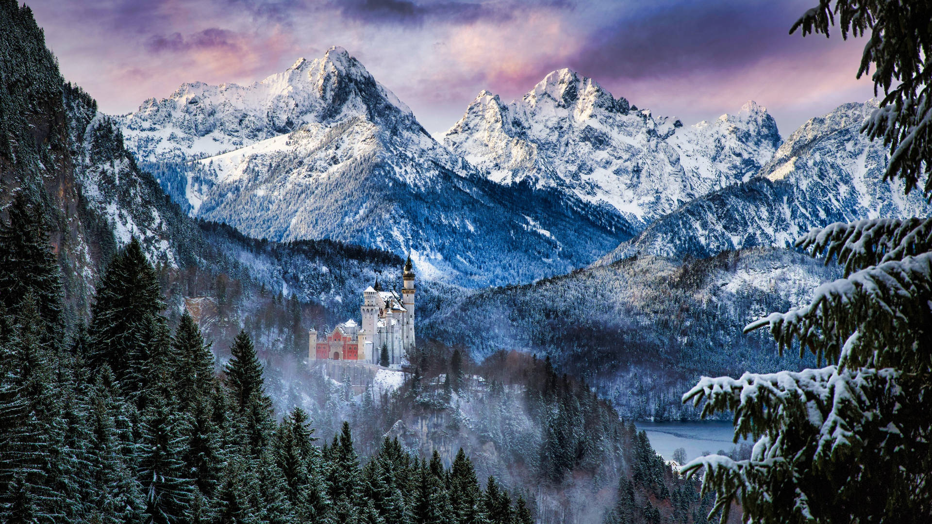 Neuschwanstein Castle Pink Sky Winter Wallpaper