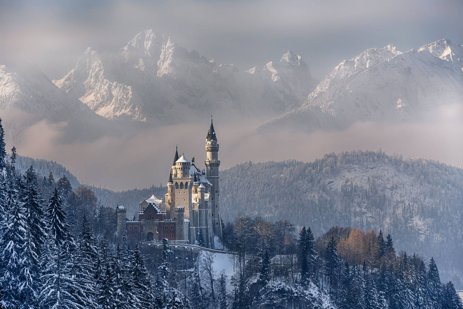 Neuschwanstein Castle Winter Mountains Bavaria Germany Desktop Wallpaper