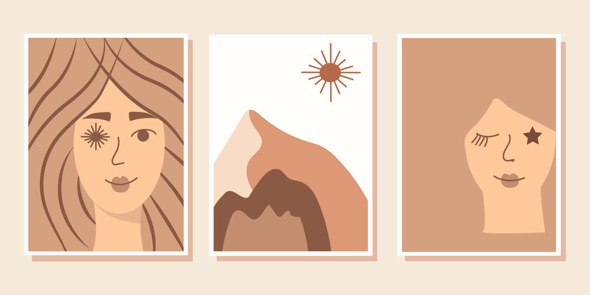 Three Portraits Of Women With A Mountain And Sun