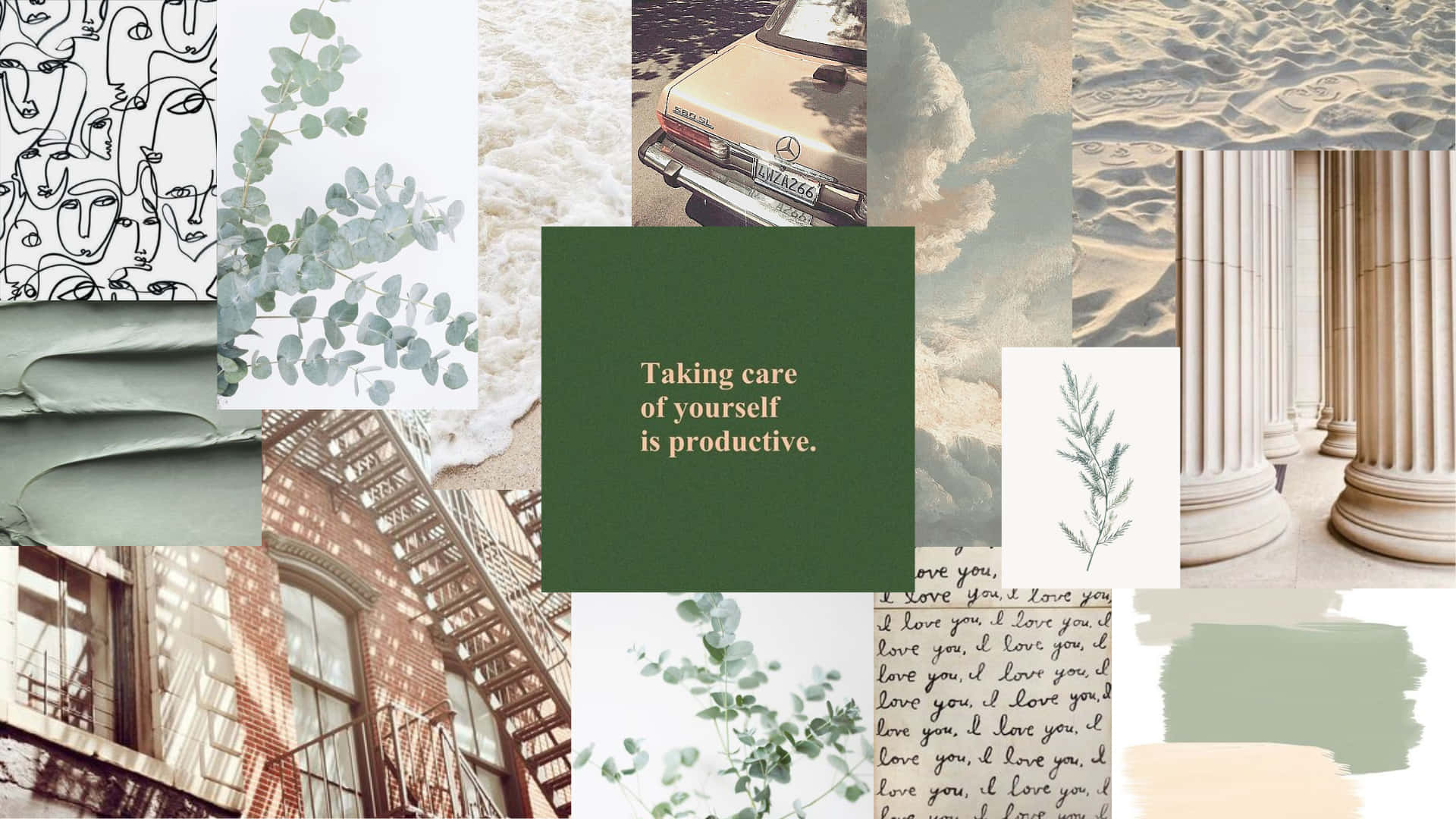 A Collage Of Photos With Green And White Colors Wallpaper
